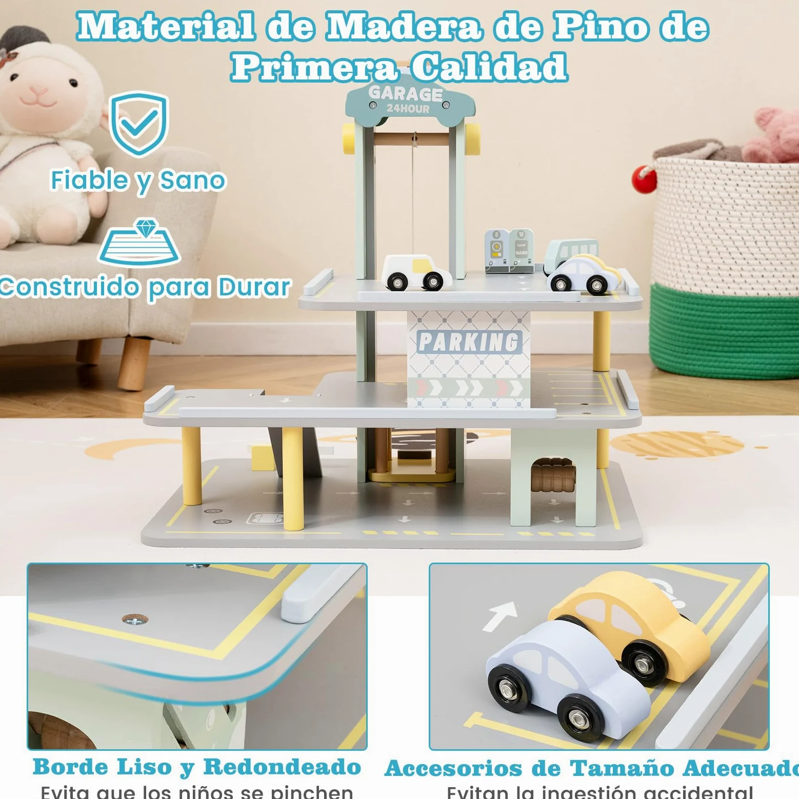 COSTWAY Parking Infantil de 3 Plantas, Garaje de Juguete de Madera con 4 Autos, Helipuerto, Gasolinera, Elevador, Lavado de Autos y Varilla Elevadora, Juguetes Educativos de Roles para Niños