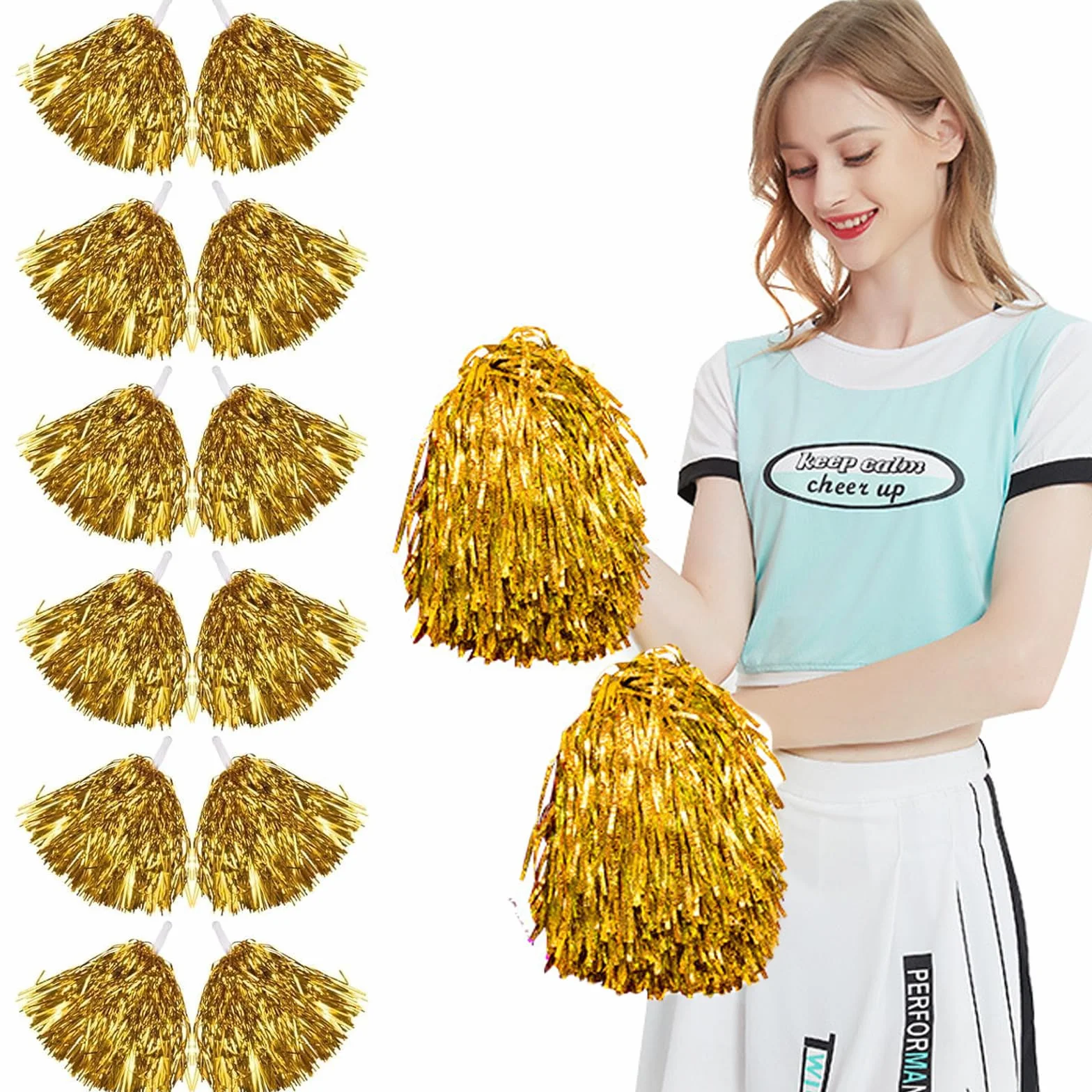 Pompones de Animadora 12 Piezas Cheerleader Poms Metálicos con Mango para Competición Deportiva
