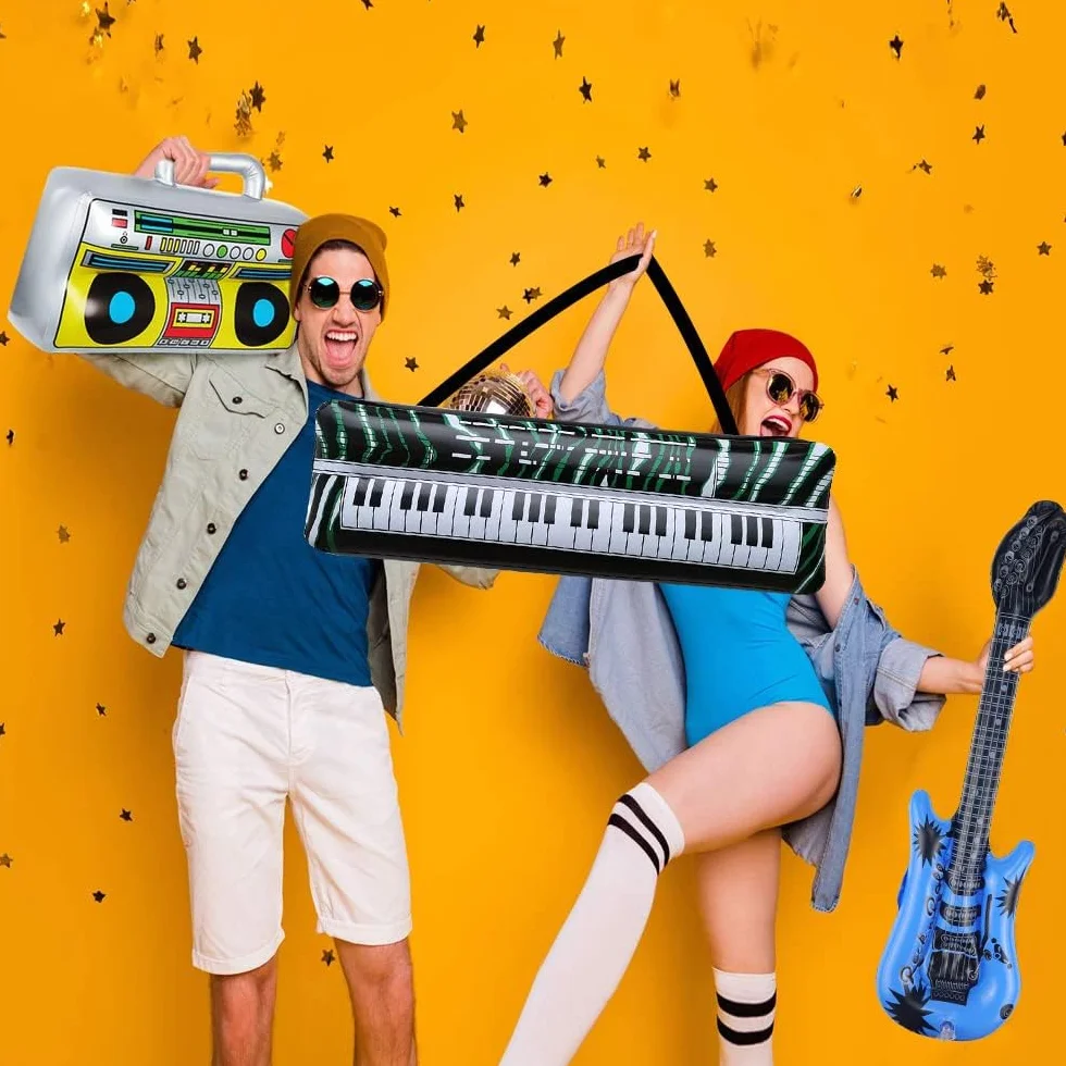 16 Piezas Instrumentos Inflables Rock Colorido Inflable Guitarra Micrófonos Saxofón Inflable Piano Inflable Bajo Inflable Gafas de Radio + Bomba de Aire para Celebraciones Carnaval
