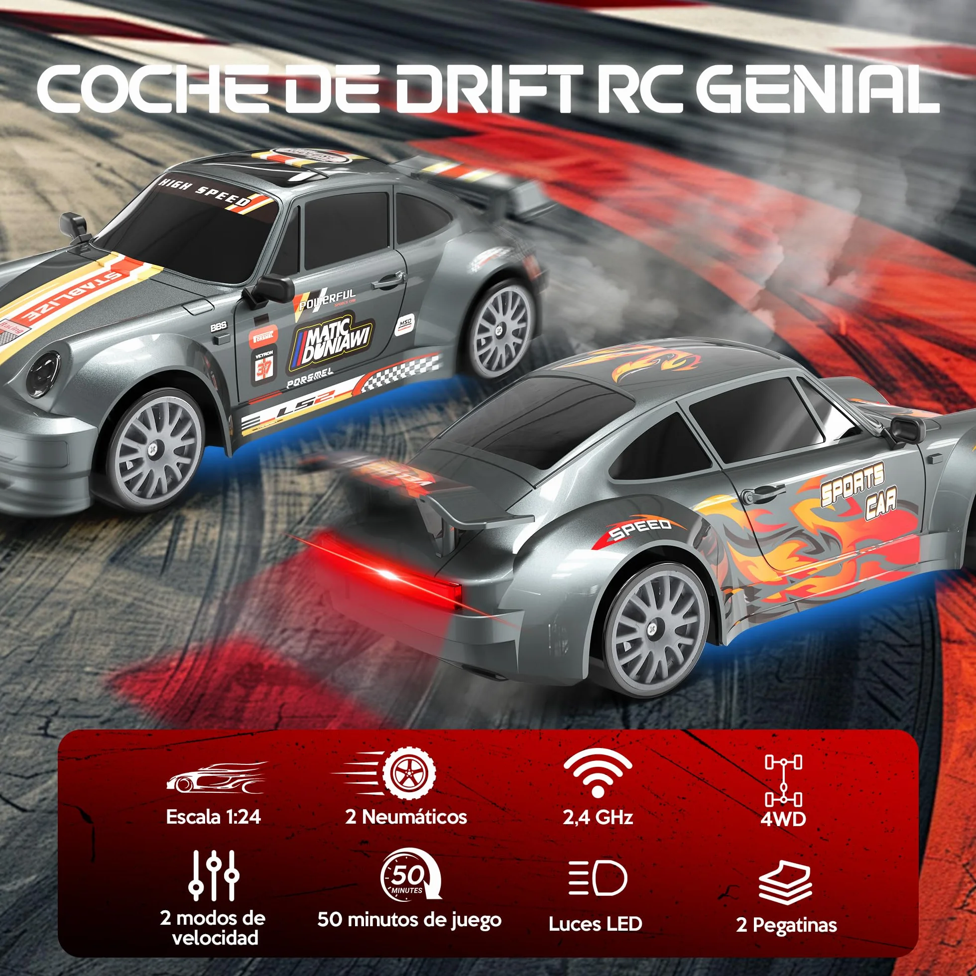 Coche RC Drift Car 4WD 1:24 2.4 GHz con Luces LED 10-15KM/H