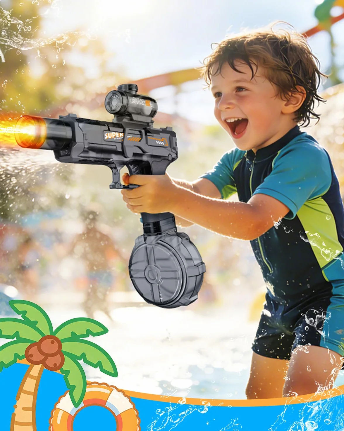 2 Piezas Pistola de Agua Eléctrica, Pistola de Agua Niños con Llama LED, Gran Capacidad Recargable Pistola de Agua Automática, Alcance 8-10 M, Exterior Juguetes para Niños 3+, Piscina, Playa, Fiesta