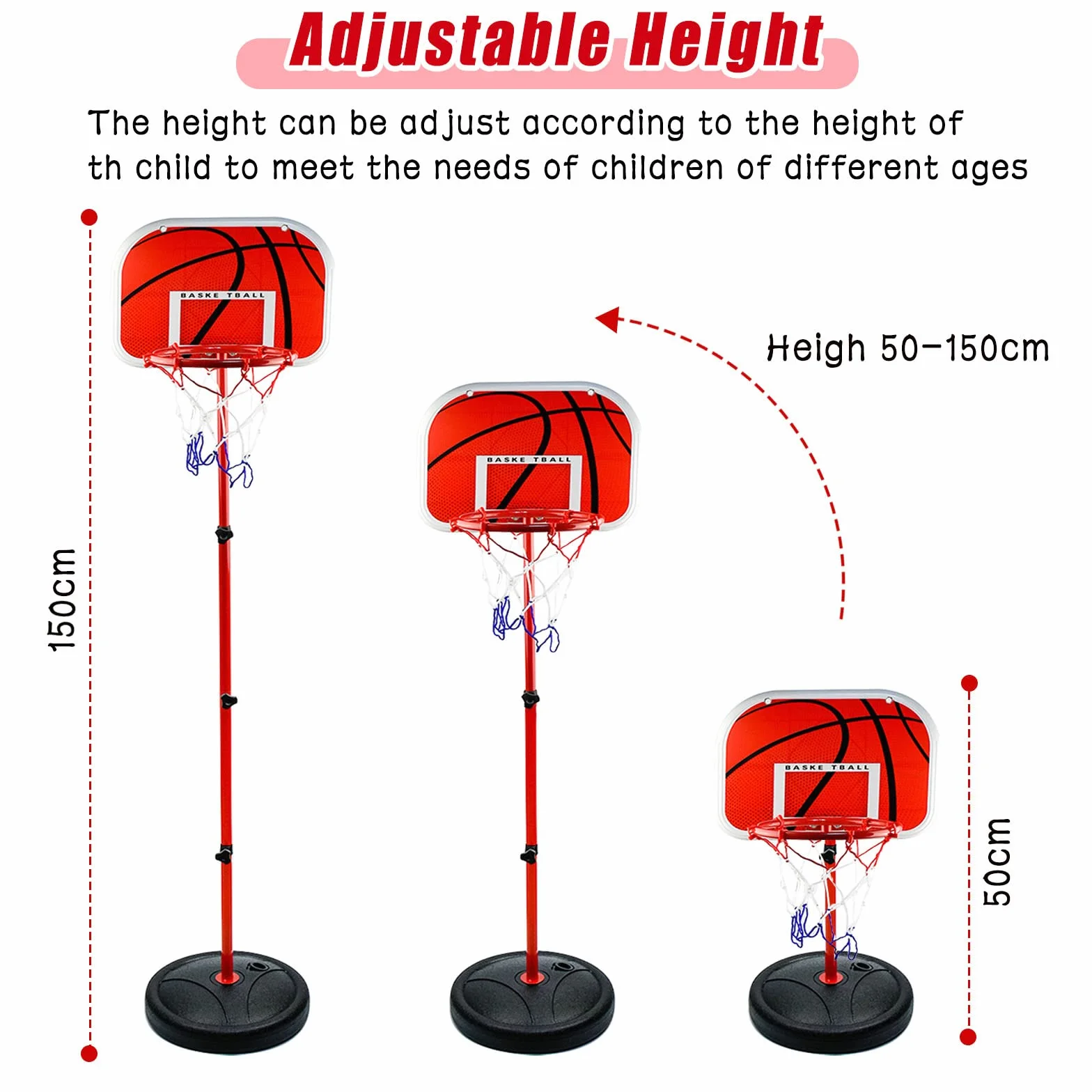 Canasta Baloncesto y Soporte Infantil, Portátil de 50 CM-150 cm para niños, Ajustable Aro de Baloncesto para Interior y Exterior, con 3 Bolas, Red, Bomba