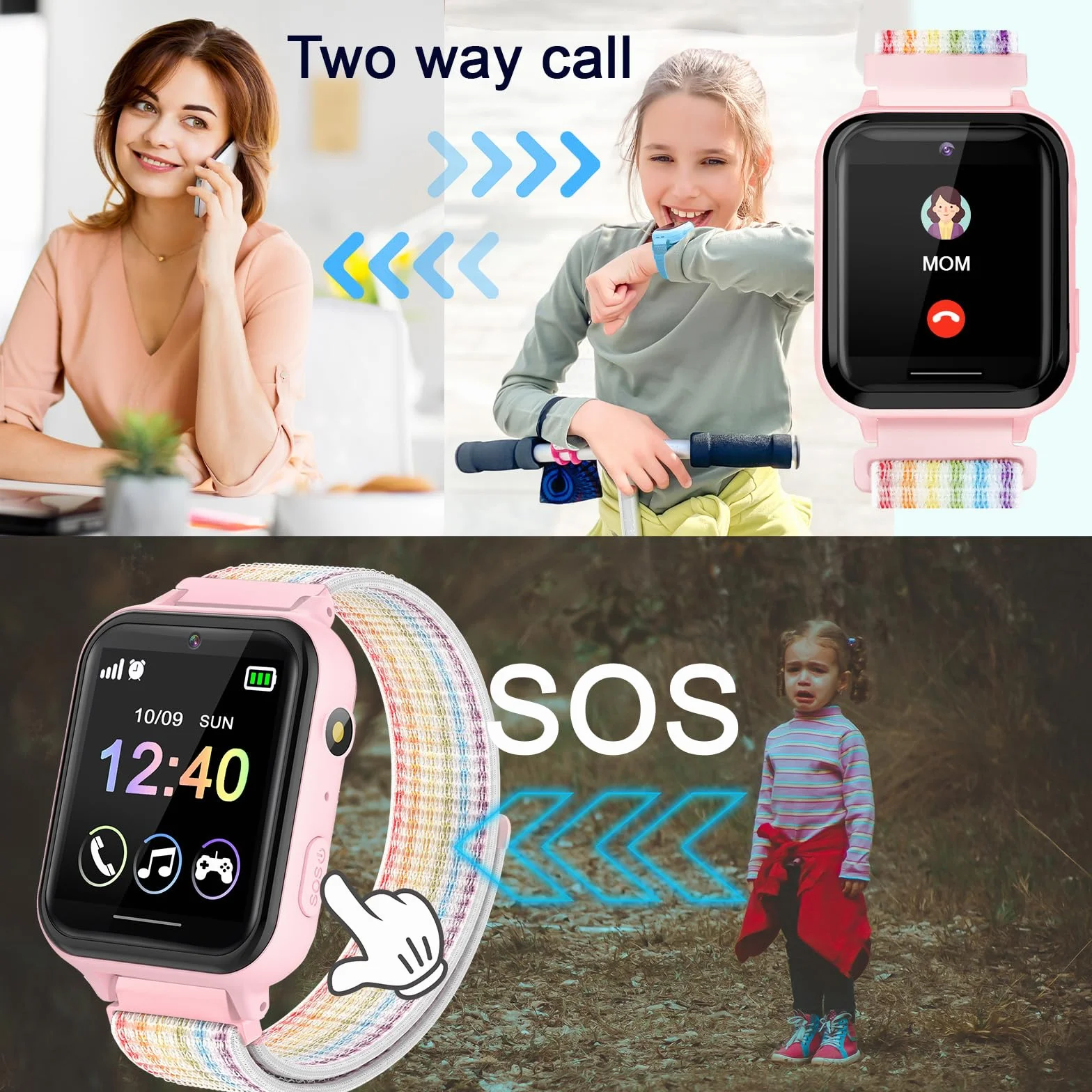 Smartwatch Niños Reloj Inteligente con 10 Juegos Cámara Música SOS Pantalla Táctil Rosa