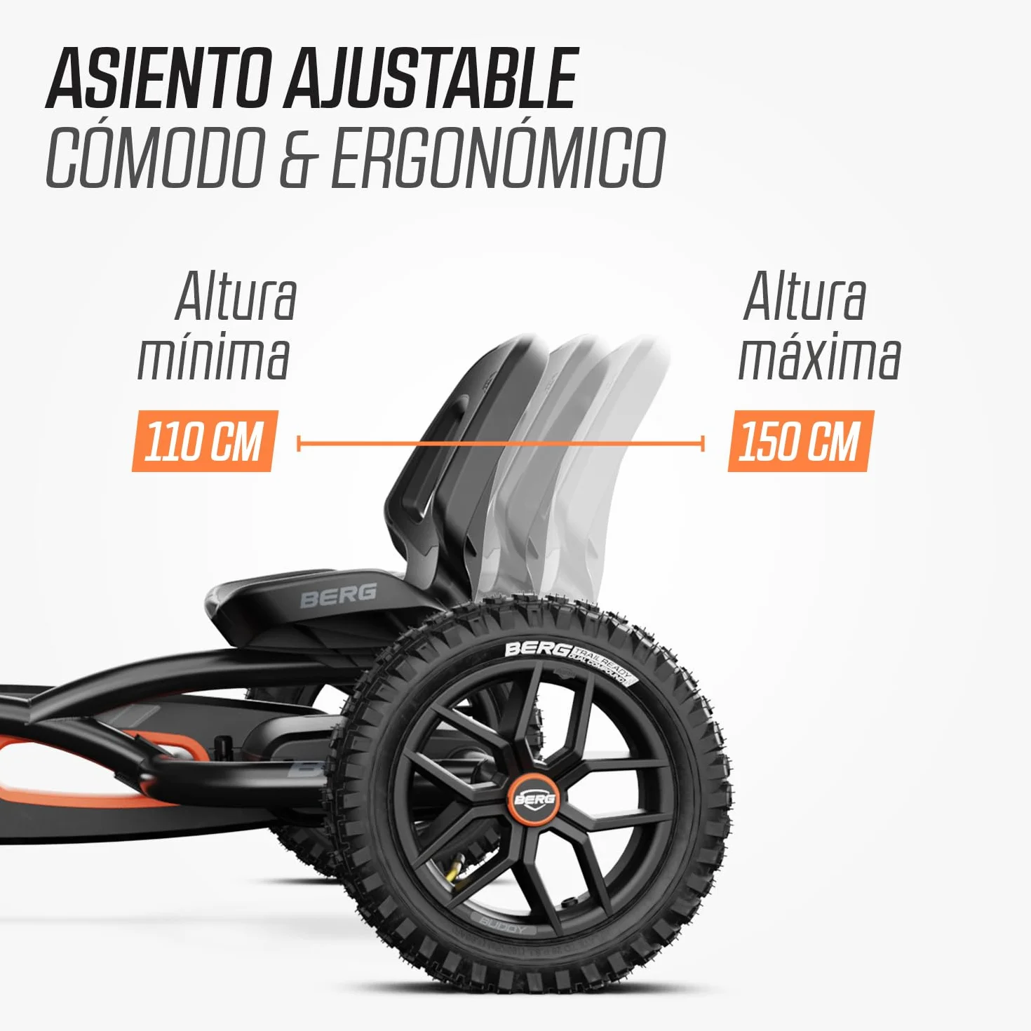 BERG Kart a Pedales Buddy Cross | Negro, 3-8 años, cuadro resistente, asiento regulable, volante regulable