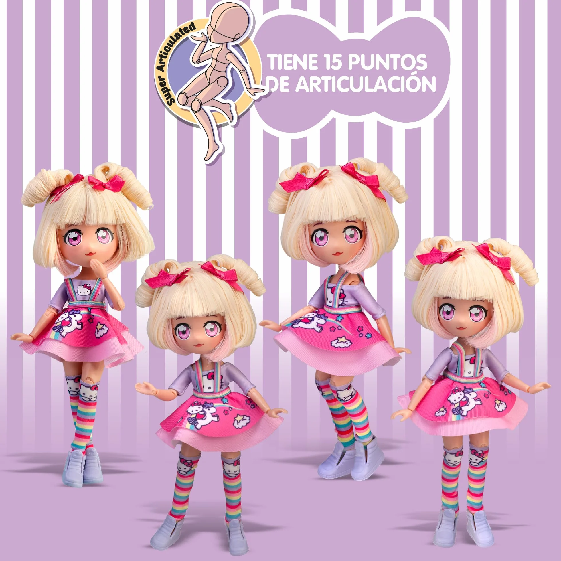 4SF - Hello Kitty Manga Doll Candy Unicorn, Muñeca Fashion Japonesa con Looks a la Moda Manga, Figura de 19,5 cm con 15 Puntos de Articulación, Pelo Rubio, Accesorios Incluidos, Famosa (HKTF0400)
