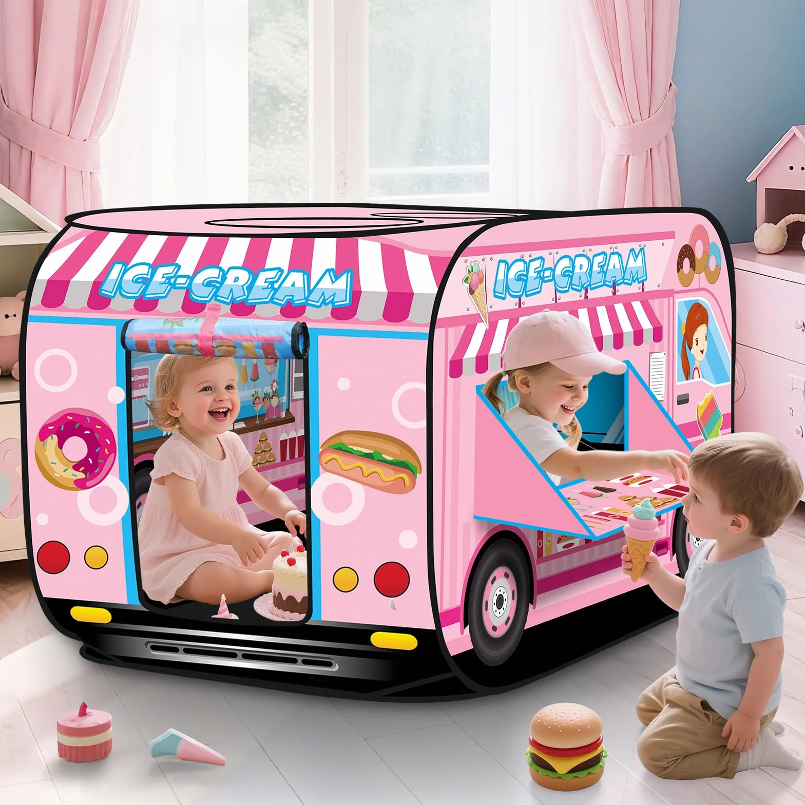 deAO Casita de Juegos Carpa Infantil Tienda con Diseño Pop Up Auto Armable Montaje Rápido Actividades Recreativas al Interior Exterior Área de Recreo (Heladería, Camión de los Helados)
