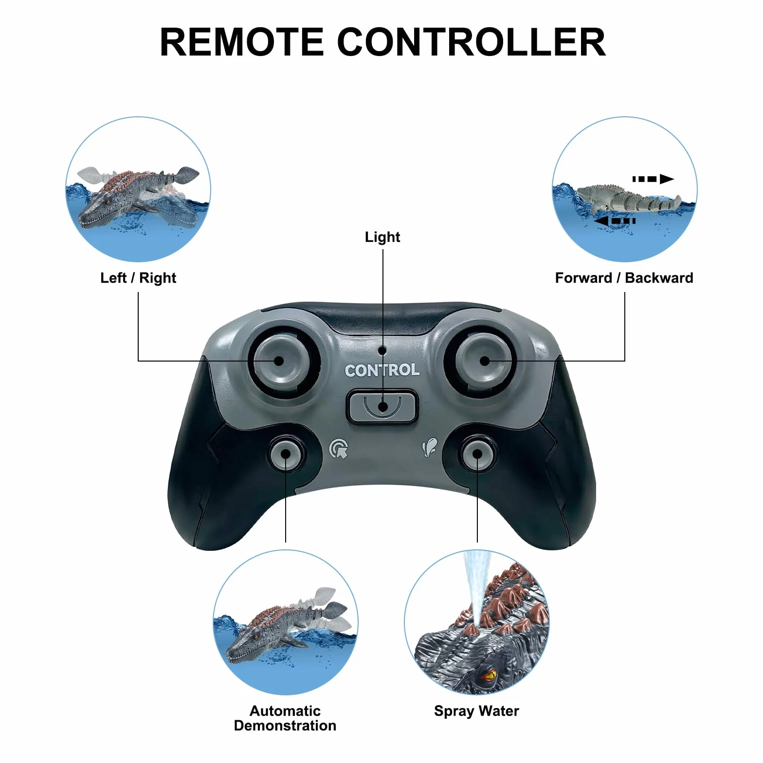 Barcos Mosasaurus de control remoto 2.4 GHz con agua pulverizadora, doble hélice, juguete RC para piscina