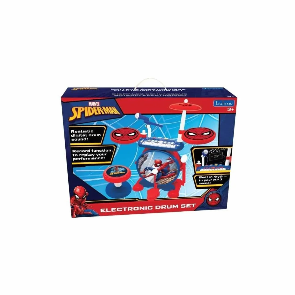 Lexibook, Spider-Man, Juego electrónico para niños, Juego Musical de Juguete, Sonido de batería Realista, Teclado de 8 Teclas, MP3 Plug, Asiento Incluido, Azul/Rojo, K610SP