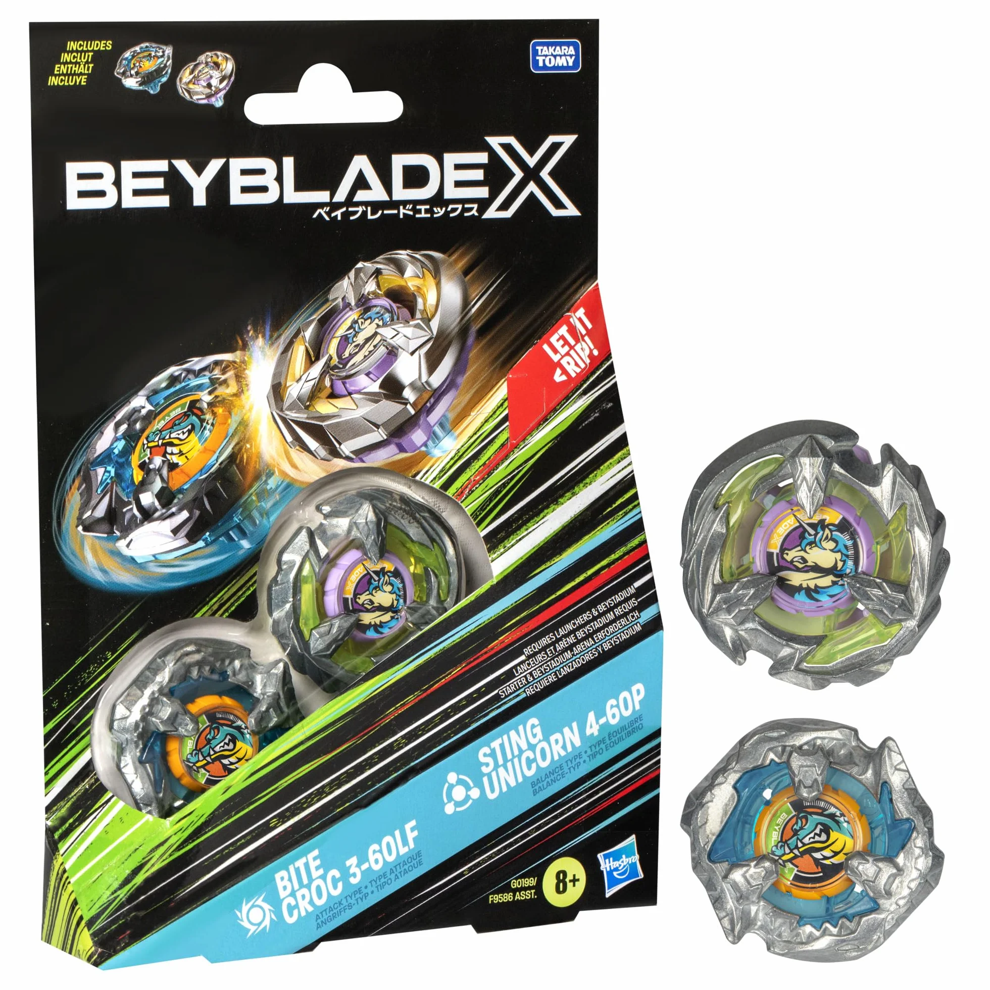 Beyblade X, Bite Croc 3-60LF y Sting Unicorn 4-60P, Pack Doble