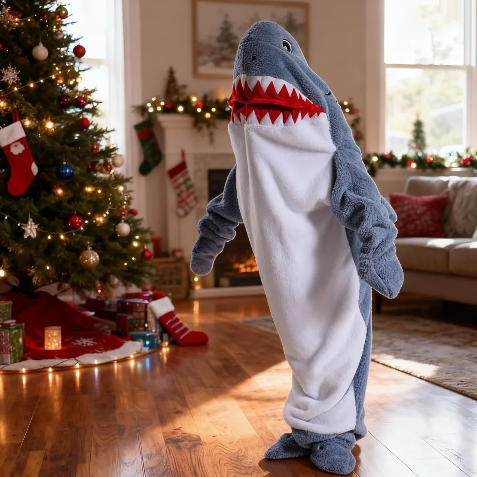 FARYODI Hai Sudadera Manta con Capucha S-XXL, Saco de Dormir con Capucha Shark, Mono de Franela Shark con Pies, Manta de Fanela, Regalo para Fiestas de Pijamas de Dibujos Animados