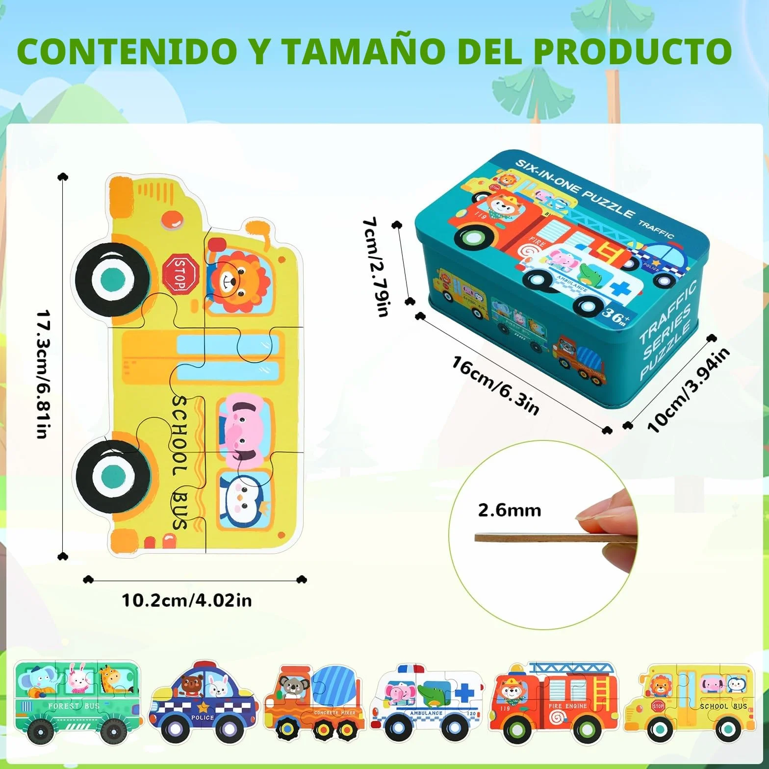 BBLIKE Puzzle 3 Años Juguetes Educativos Montessori, Puzzle Infantil 6 en 1 con Caja de Almacenamiento, Regalo para Niños 1-5 Años Conocer Animales y Automóviles, Juegos Didácticos Preescolar (Bus)