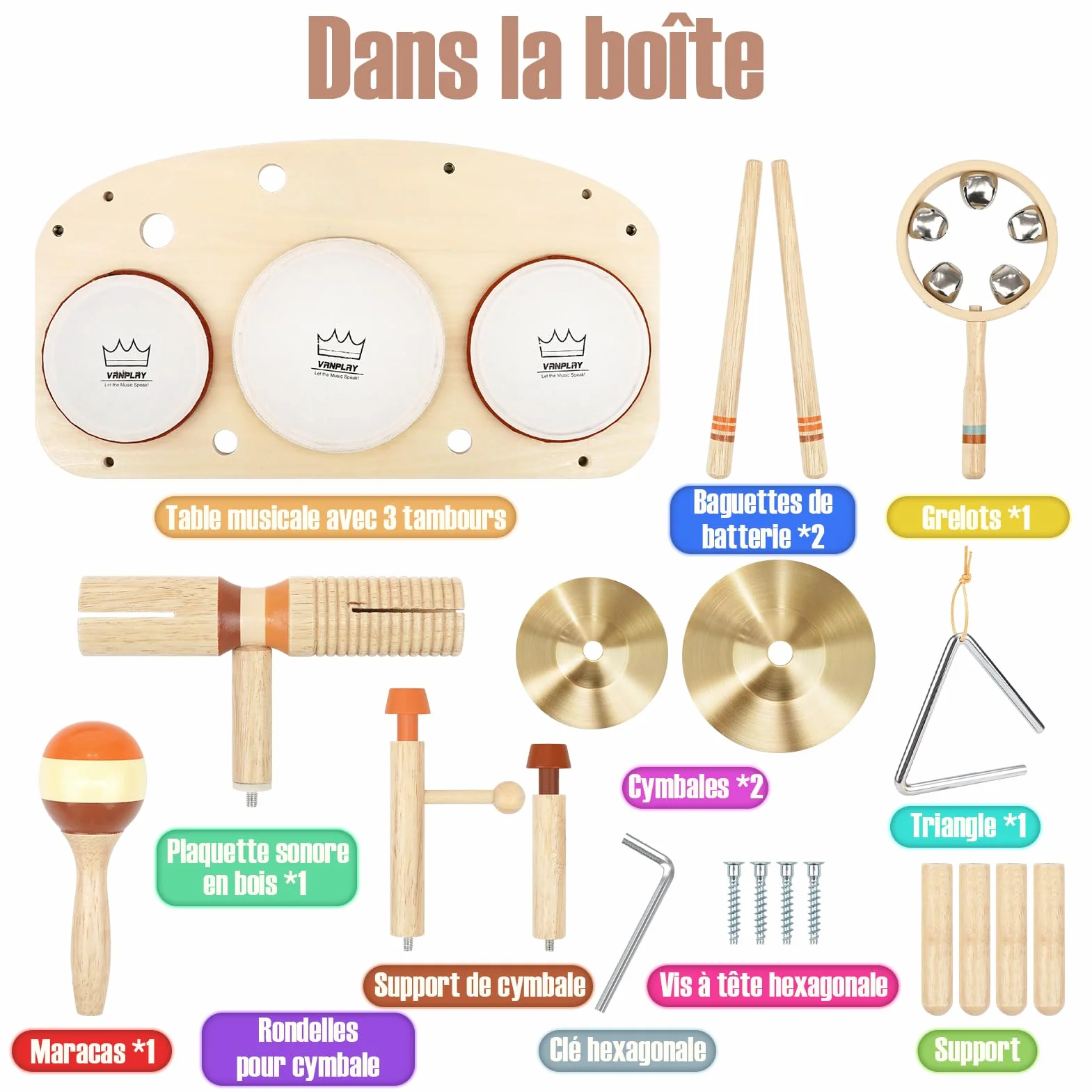 Vanplay Juguetes musicales para bebés de 1 año en adelante con 3 tambores y sonajero de cascabeles, tambor infantil juguete musical, juguete Montessori para niños y niñas a partir de 1 año