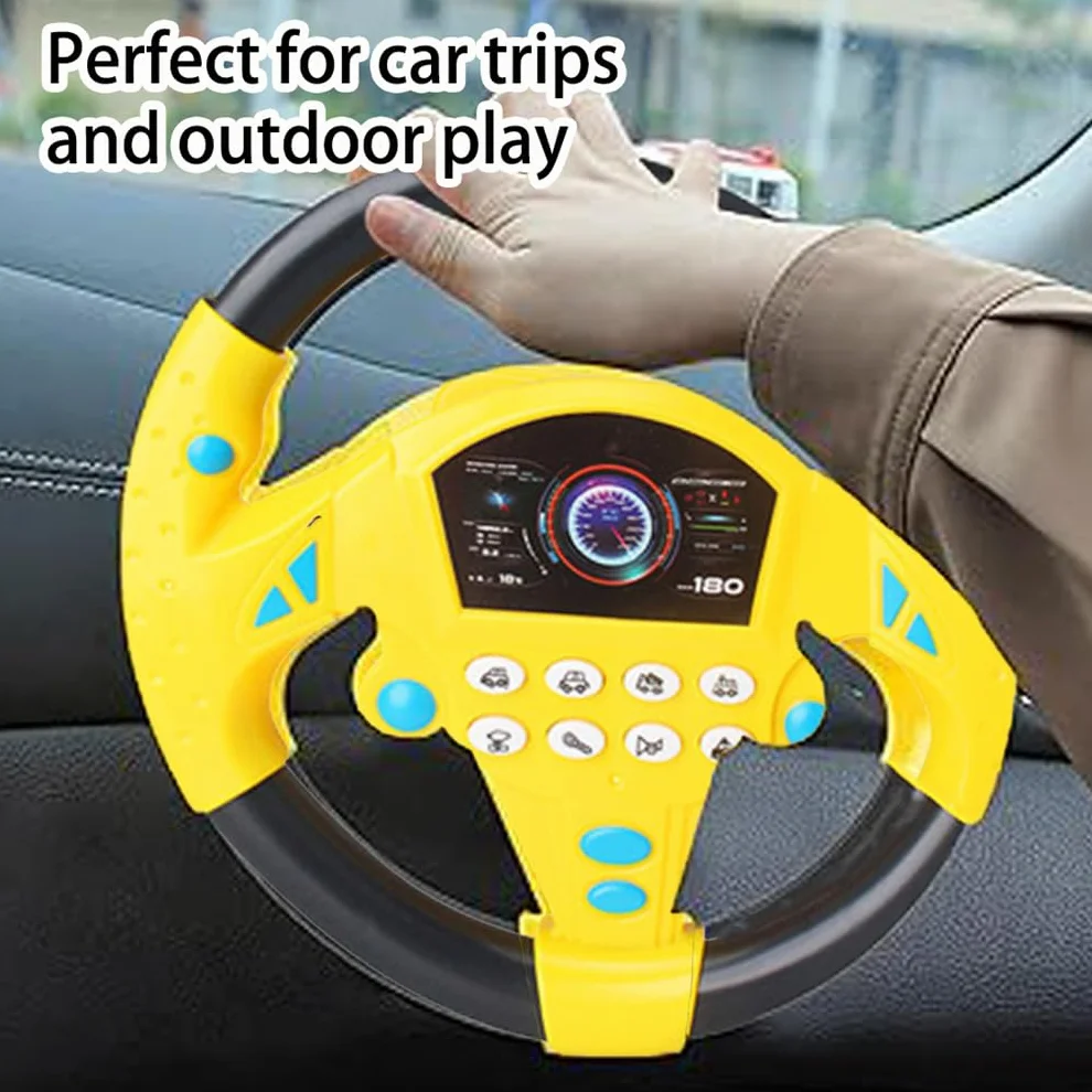 360° Rotating Musical Steering Wheel - Portable Car Back Seat Driving Simulation Toy, Fun Tunes & Realistic Driving Sounds, Travel Activity for On-Road Entertainment During Trips (Yellow)