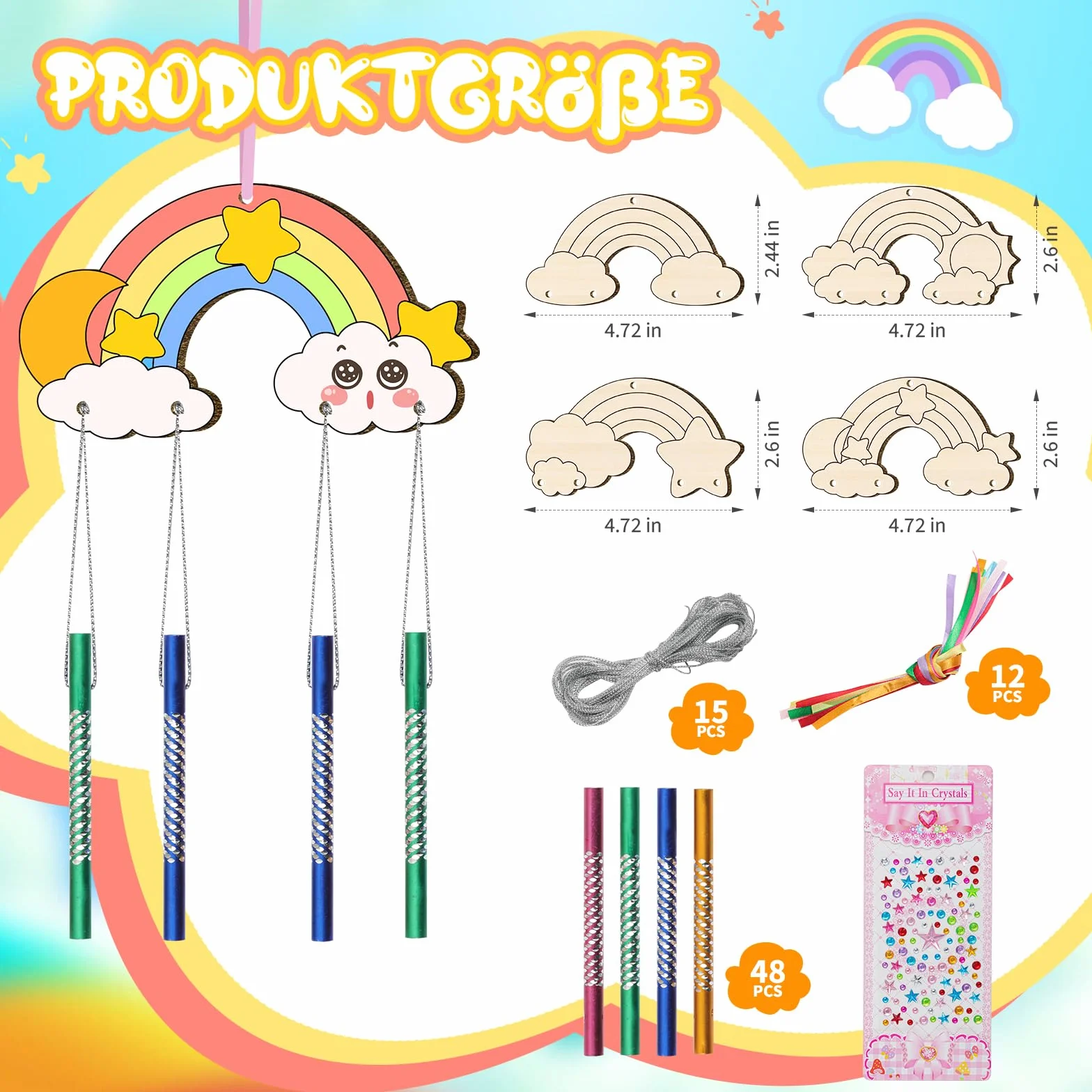 Nourdom Kit de 12 campanillas de viento para niños, haz tu propia campanilla de viento Rainow para colorear estrella, luna, sol, hacer un timbre de viento, kits de madera para artes y manualidades
