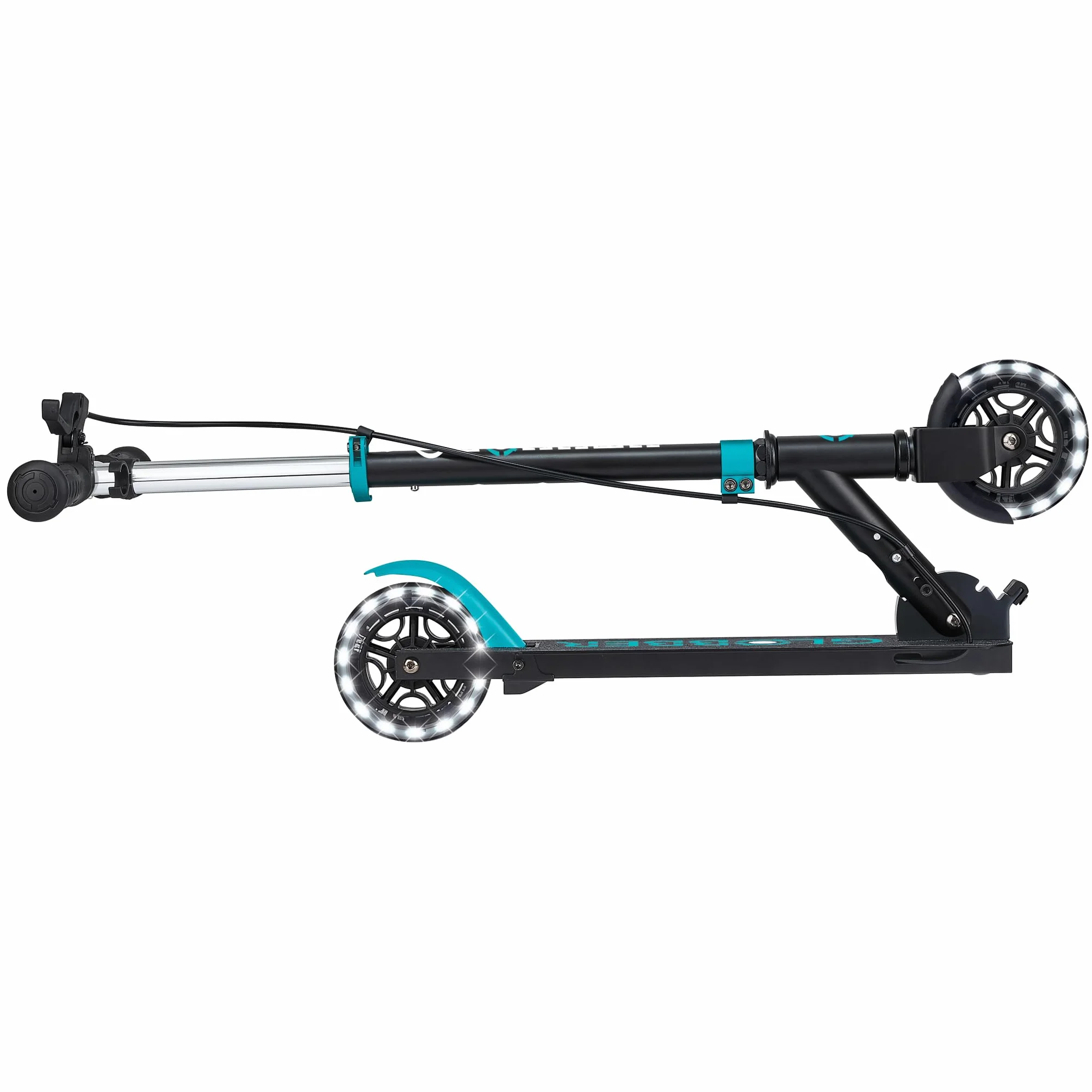 Globber - Flow Element Junior Lights - Patinete Plegable de 2 Ruedas con Freno Trasero, Manillar Ajustable y Luces LED, para niños Desde los 4 años - Azul Turquesa