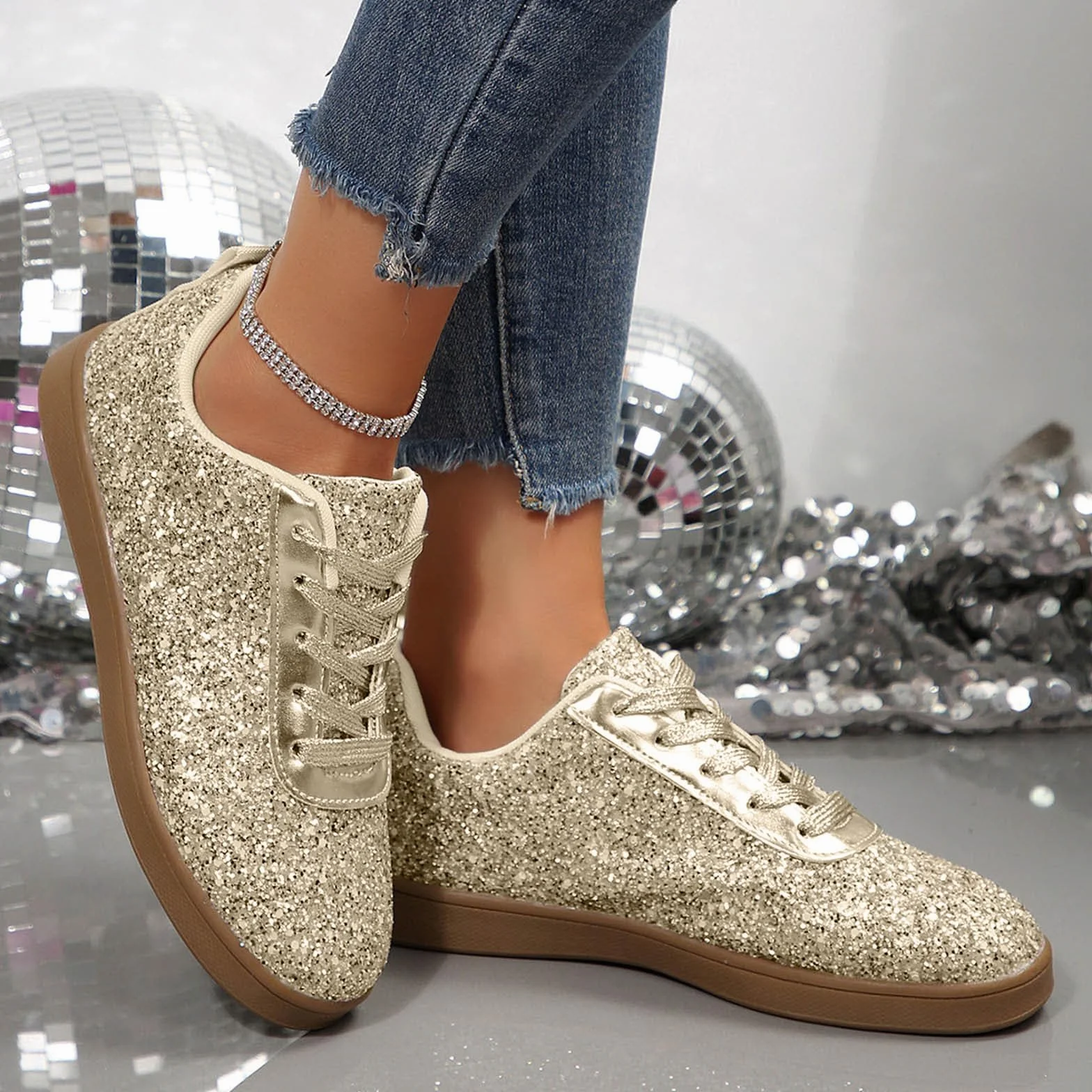 Zapatillas para mujer, zapatos planos con purpurina, transpirables, ligeros, con cordones