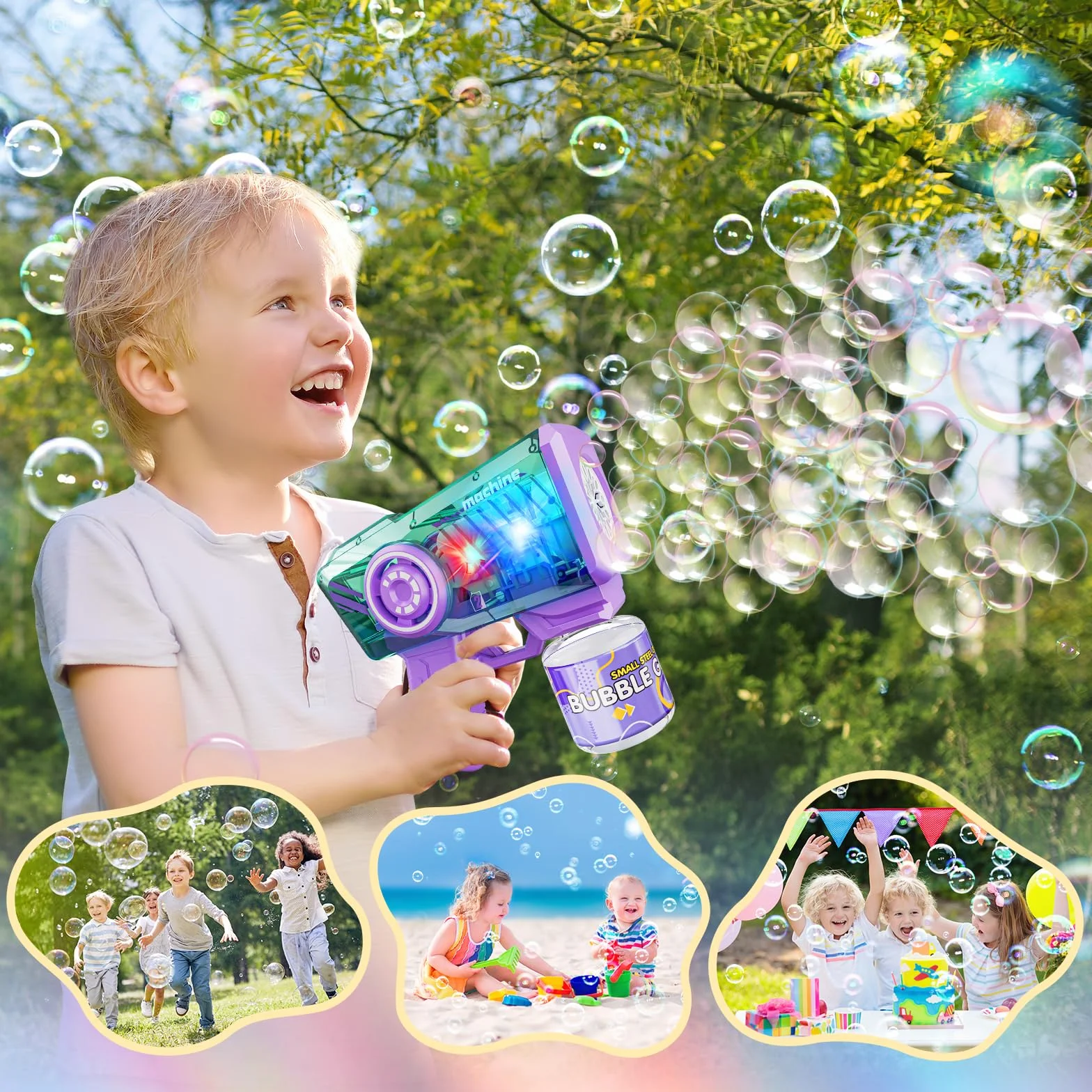 deAO 2Pcs Pistola de Burbujas para Niños, Pistola Burbujas LED con Luces, 4 * 90ml Solución, 360°a Prueba de Fugas, Automatic Maquina Burbujas Juguetes Niños Regalos Cumpleaños Boda Juegos Exterio