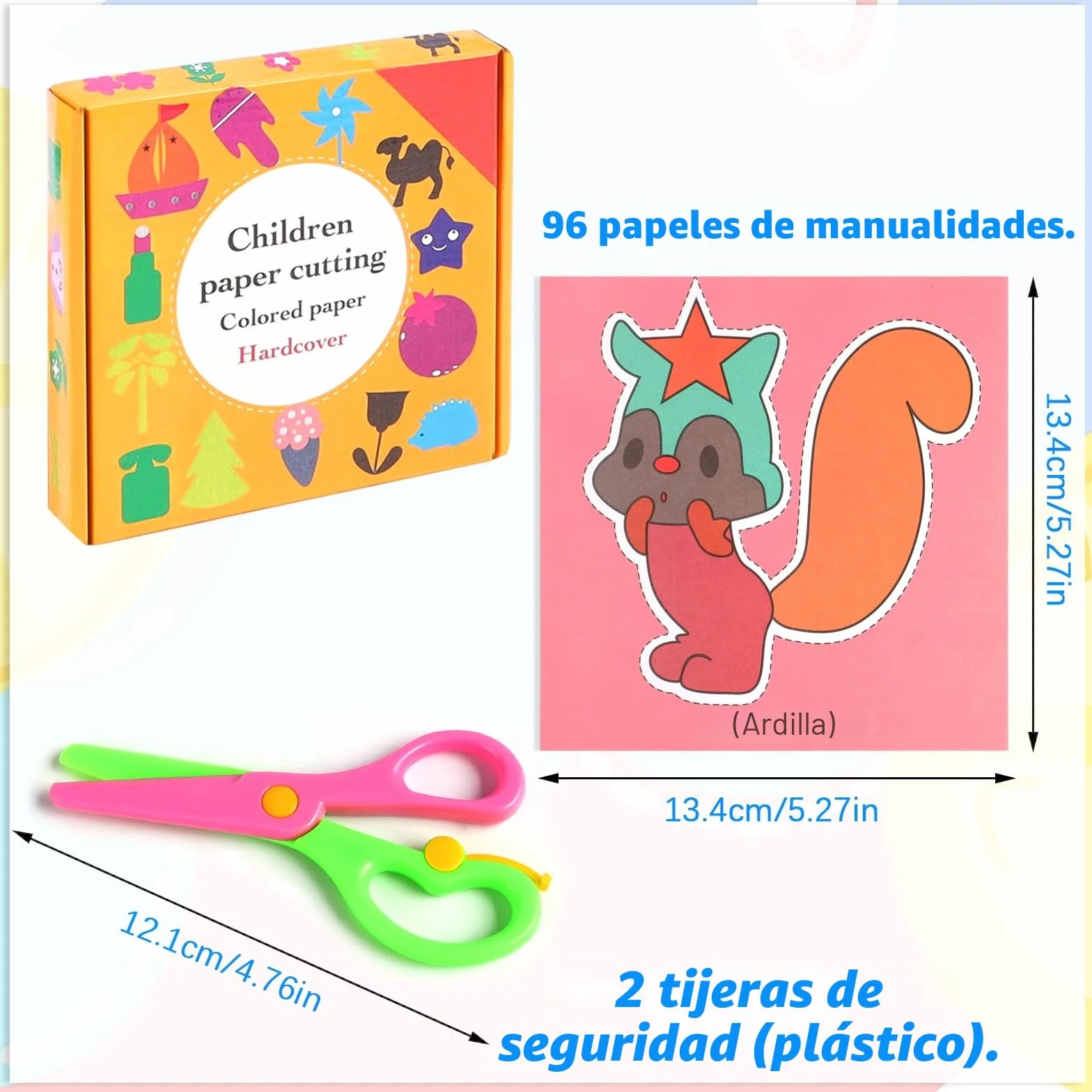 Juego de corte de papel para niños, 2 unidades de tijeras de plástico de seguridad para niños, con 96 hojas de papel con frutas de animales, tijeras para manualidades, tijeras de papel, habilidades