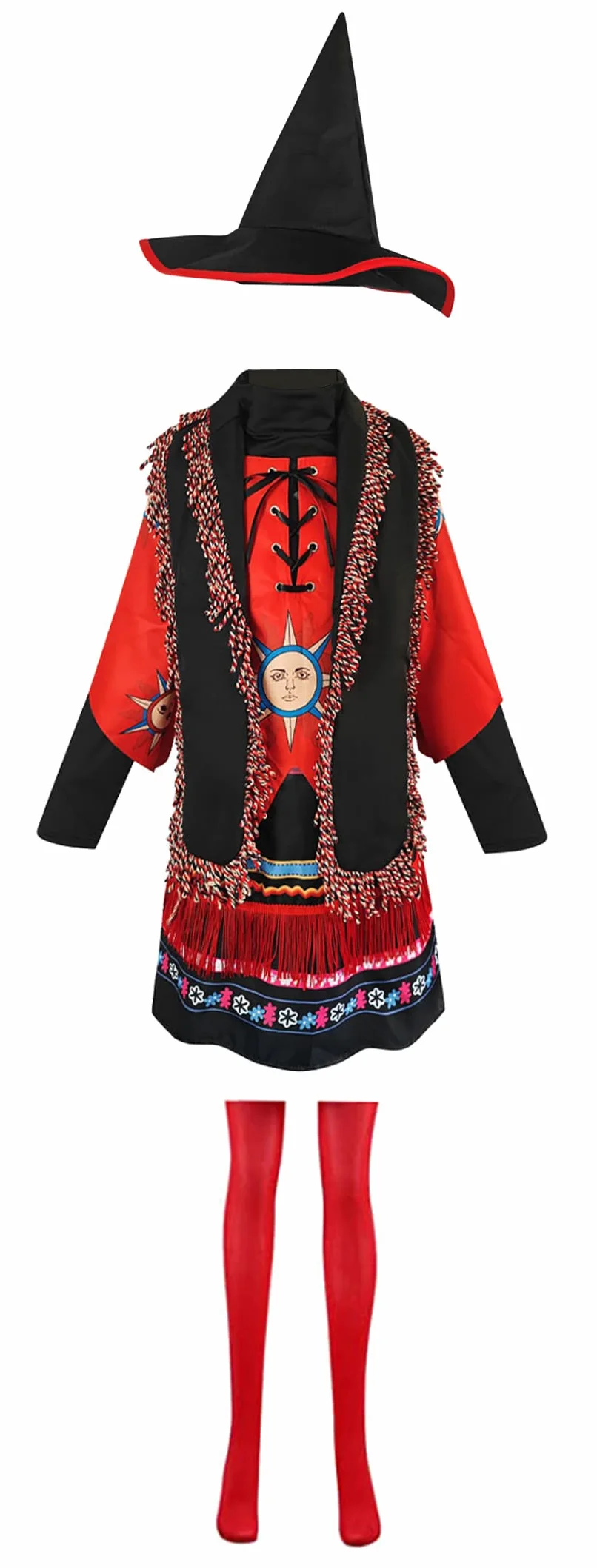 Dani Dennison - Disfraz de bruja para niños y adultos, vestido de falda roja, conjunto completo con bufanda para Halloween, Cosplay