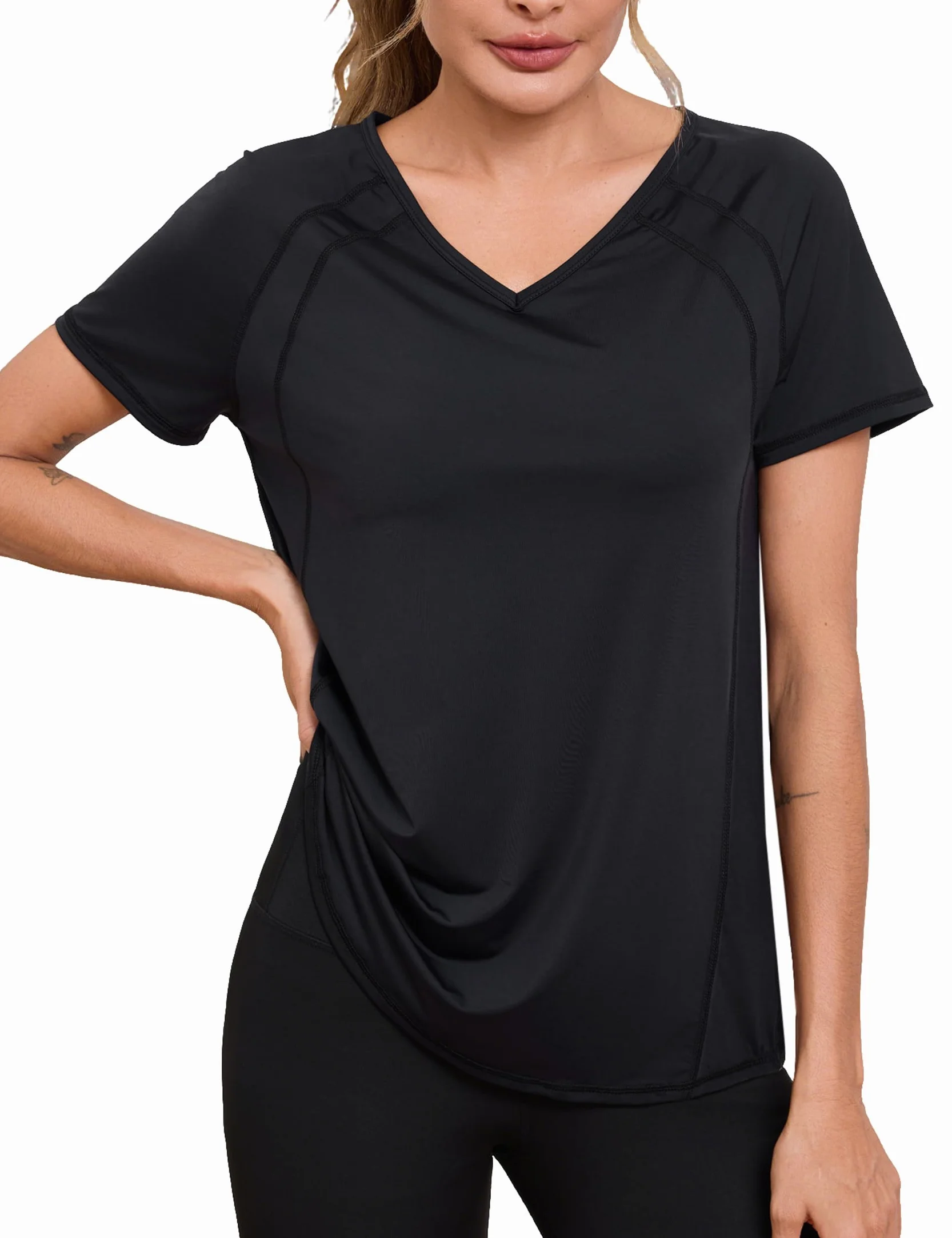Camiseta Deportiva Manga Corta Mujer Cuello en V Fitness Yoga Top Transpirable Secado Rápido Ropa Entrenamiento S-3XL