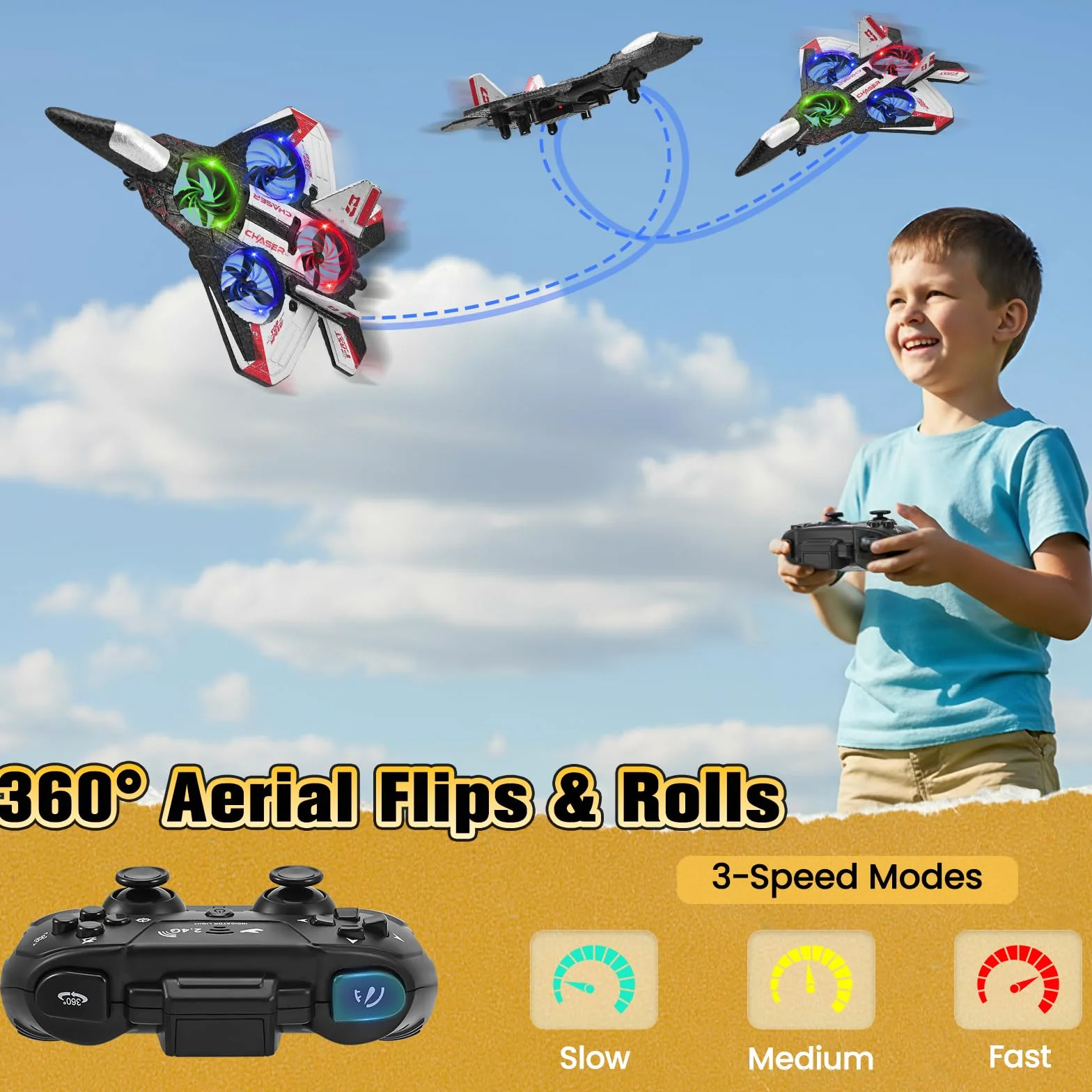 Avión Telecontrolado, 3 Velocidades de Avión RC, Rotaciones y Barriles de 360°, Equipado con luz Nocturna LED y 2 Pilas Recargables, Ideal para Principiantes y Niños (Rojo)
