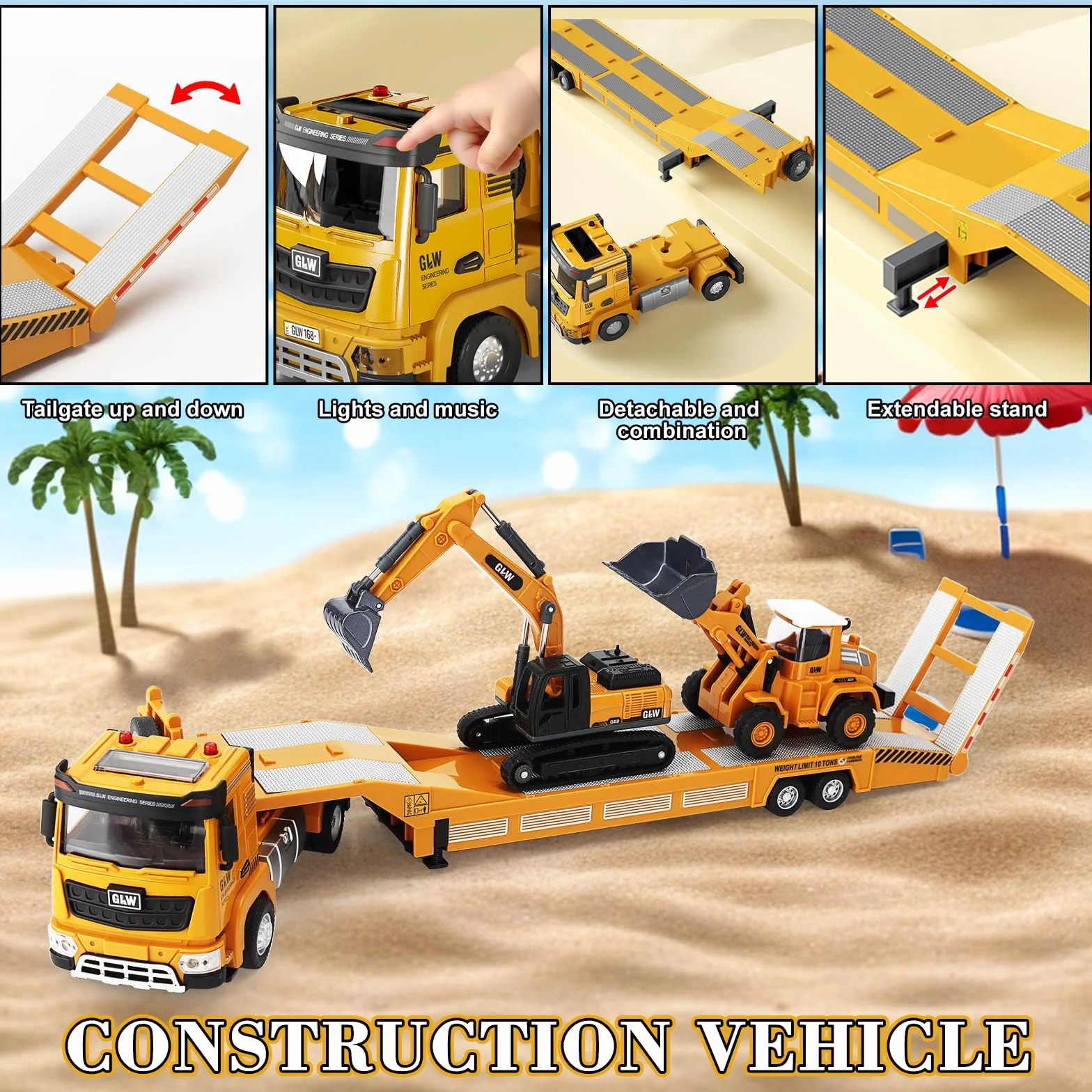 UCAMP Camion Transportador Coche de Juguete con Luces y Sonidos para Niños 3 4 5 6 7 Años, 1:40 Juguete Vehículos de Construcción con Excavadora Bulldozer, Juguetes Regalo de Cumpleaños Navidad