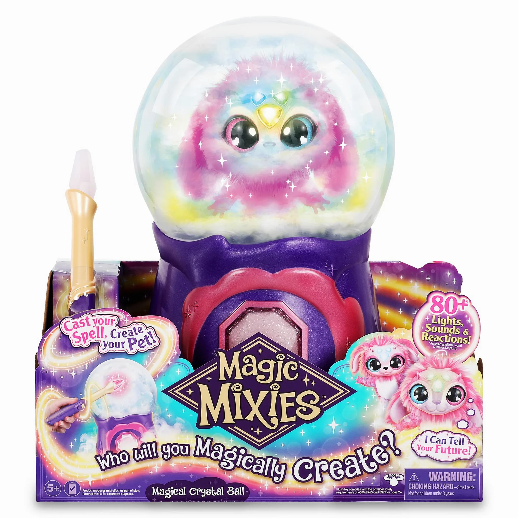 Magic Mixies My Crystal Ball Pink, Juguete Interactivo de Magia, Bola de Cristal mágica con Luces, Efectos y Sonidos, y un muñeco de Peluche Suave para cuidar, con Accesorios, Famosa (MGX05000)