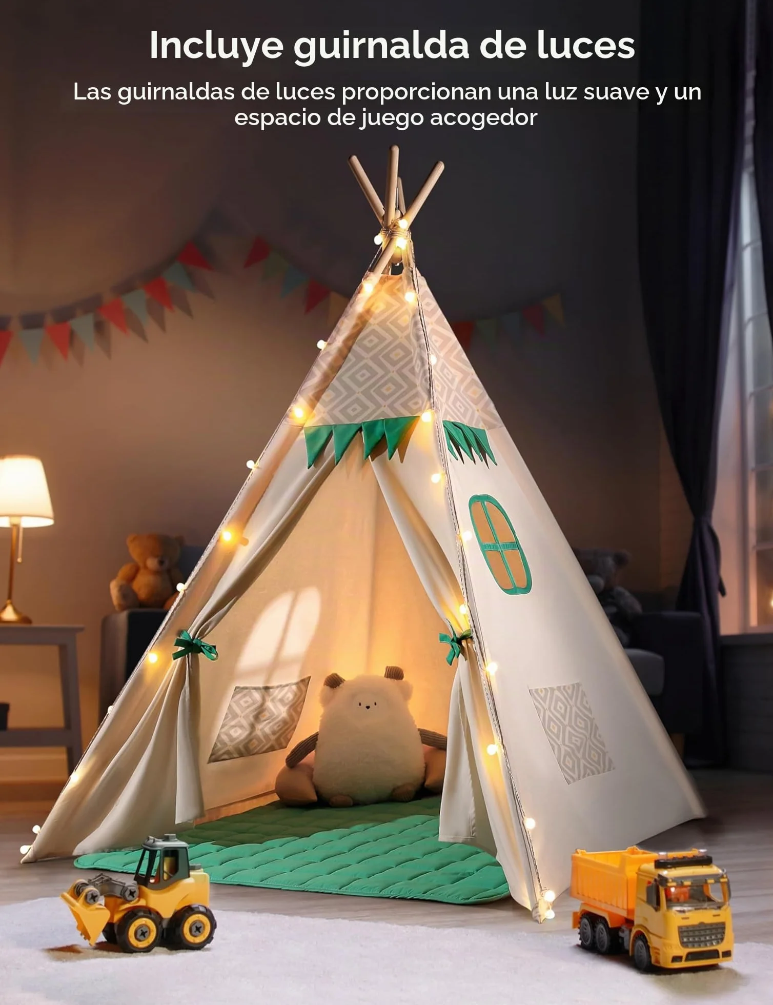 besrey Tipi Infantil Indio para Niños Tienda de Campaña Infantil Canvas Tipi de algodón con Alfombra Acolchado y Luces de Hadas (Verde y Blanco)