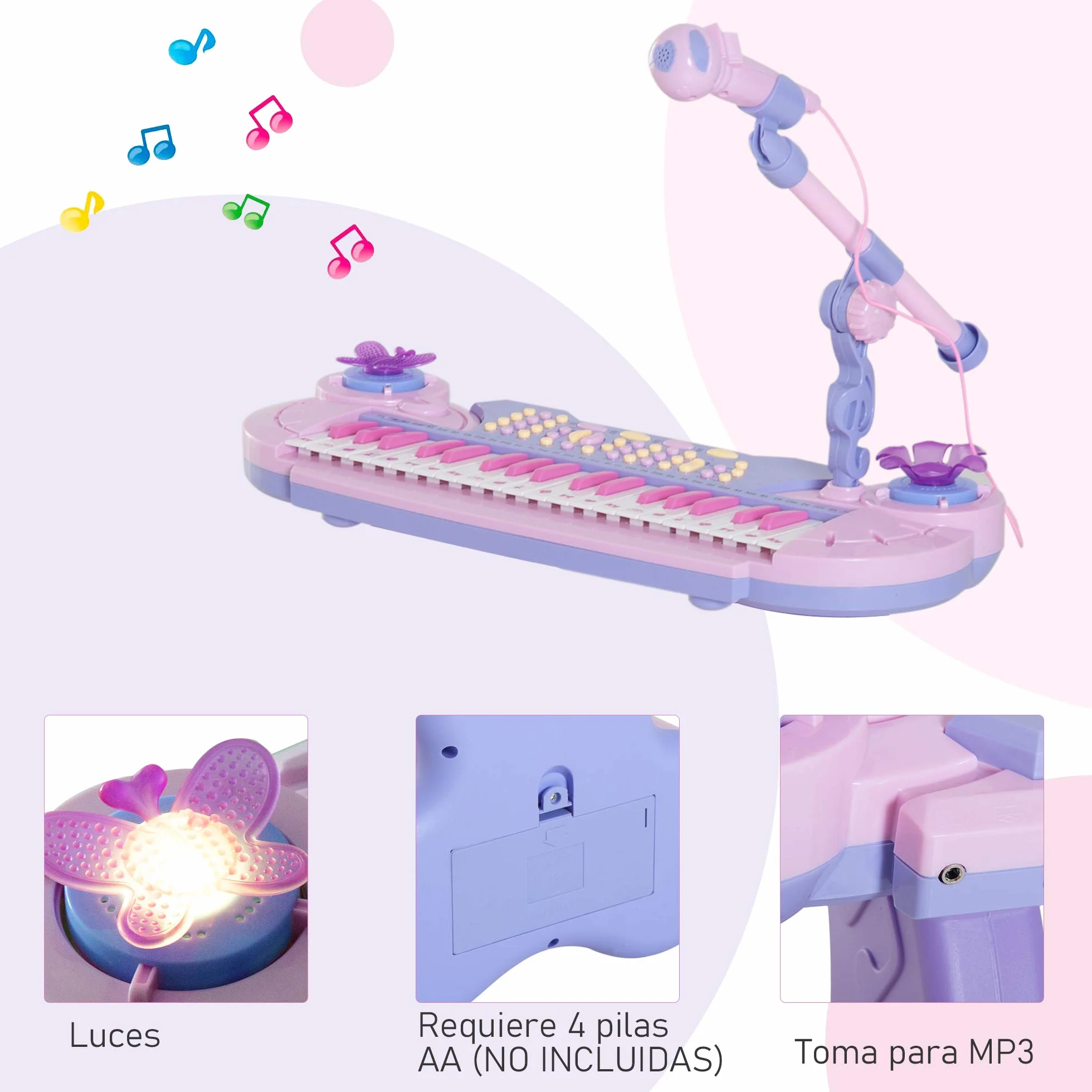 HOMCOM Piano Infantil 37 Teclas Teclado Electrónico Juego de Piano Regalo Juguete Educativo para Niños +3 Años con Micrófono Taburete Luces y 22 Canciones USB/MP3 Karaoke Rosa