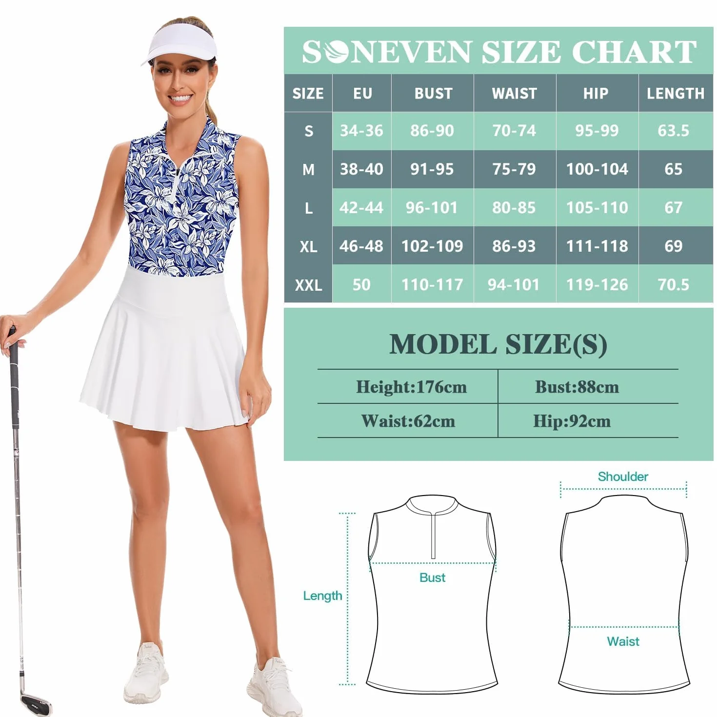 Soneven Polo deportivo para mujer transpirable sin mangas camiseta golf funcional cremallera 1/4 verano tenis