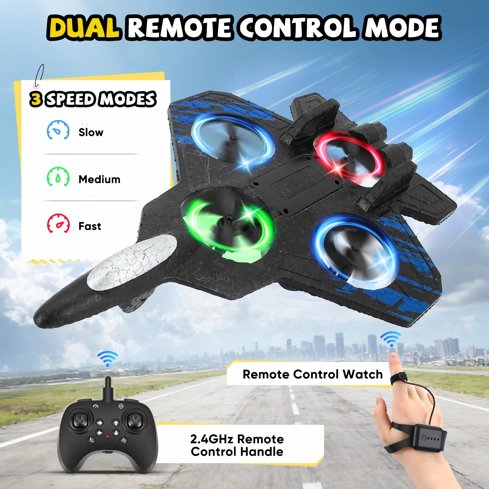 Avión de control remoto, doble control (mando a distancia y mando a mango), RC Avión 360° Rotación, 3 velocidades, con luz LED y hélice de repuesto, avión exterior para niños (azul)