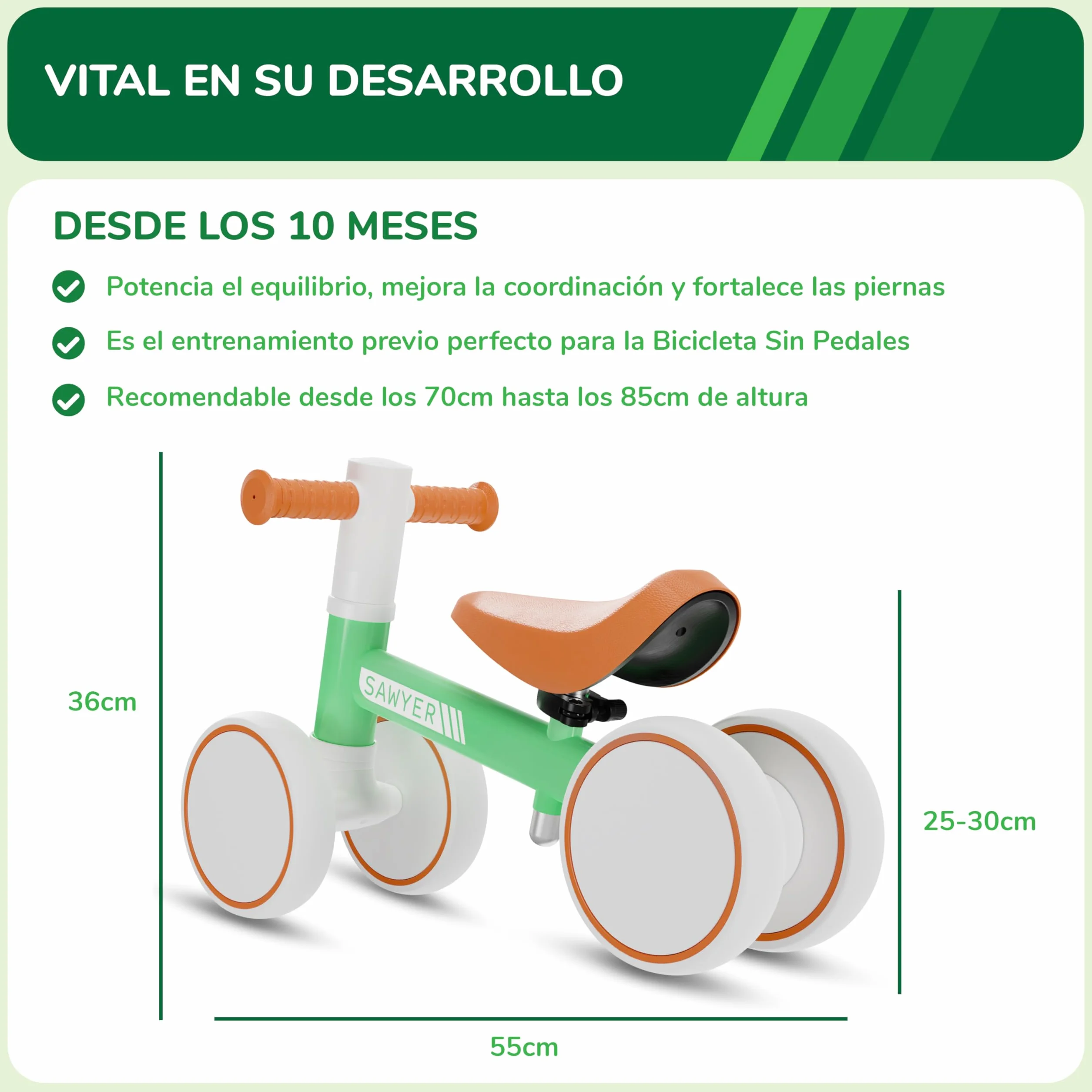 Sawyer Bikes - Correpasillos Bebe con Sillín Ajustable - Juguete Niños 1 Año (Retro V2)