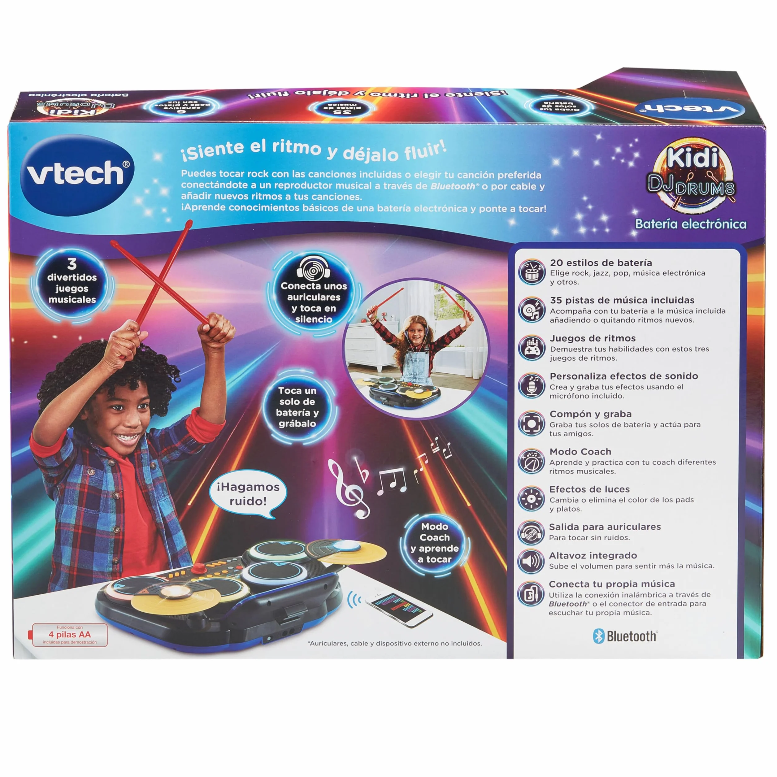 VTech - Kidi DJ Drums, Batería electrónica para niños 10 en 1 con Pads iluminados, platillos, Baquetas, Bluetooth, Aprendizaje y Juegos, Regalo niños +6 años, Versión en Español