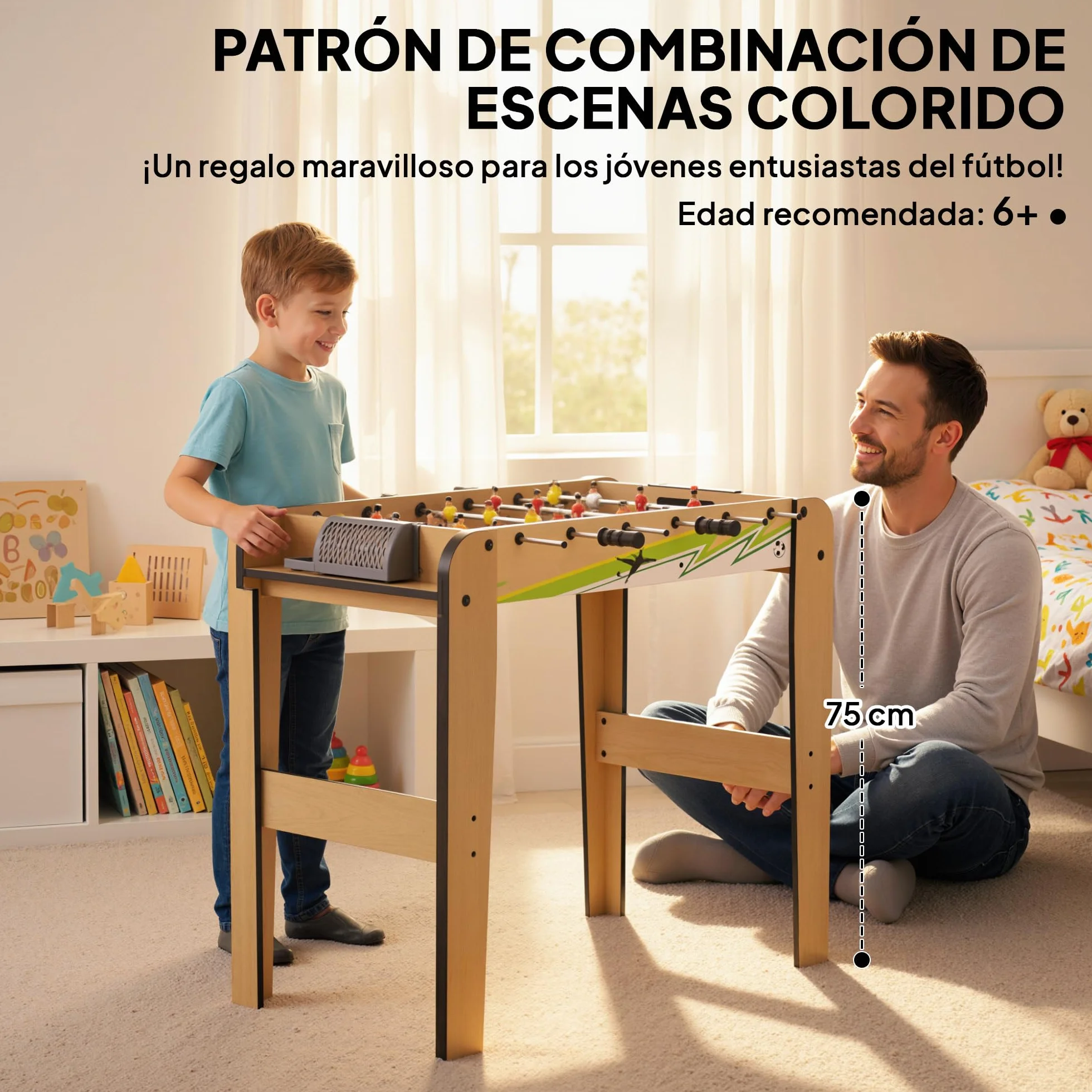SPORTNOW Futbolín para Niños de Madera, Mesa de Futbolín con 2 Marcadores, 6 Asas, 18 Jugadores, 6 Barras y 2 Bolas, Regalo para Adultos, Familias, Fiestas, 75x66x75 cm, Natural