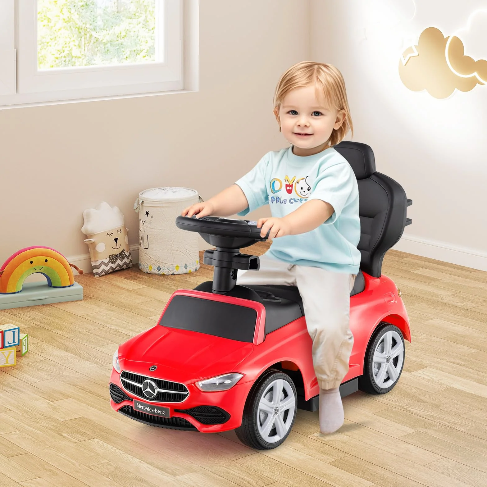 COSTWAY Coche Correpasillo 3 en 1 para Niños, Coche de Juguete con Barra de Empuje y Capota Ajustable, Coche con Pedal y Bocina para Niños de 18-36 Meses con Sonido (Rojo)