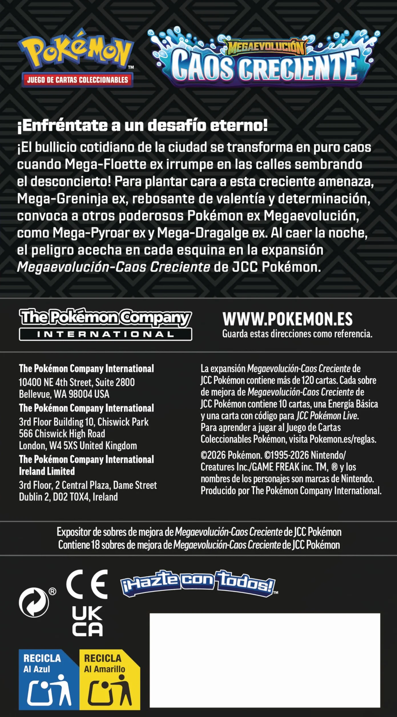 Pokémon Expositor Sobres Mejora Megaevolución Caos Creciente 18 Sobres