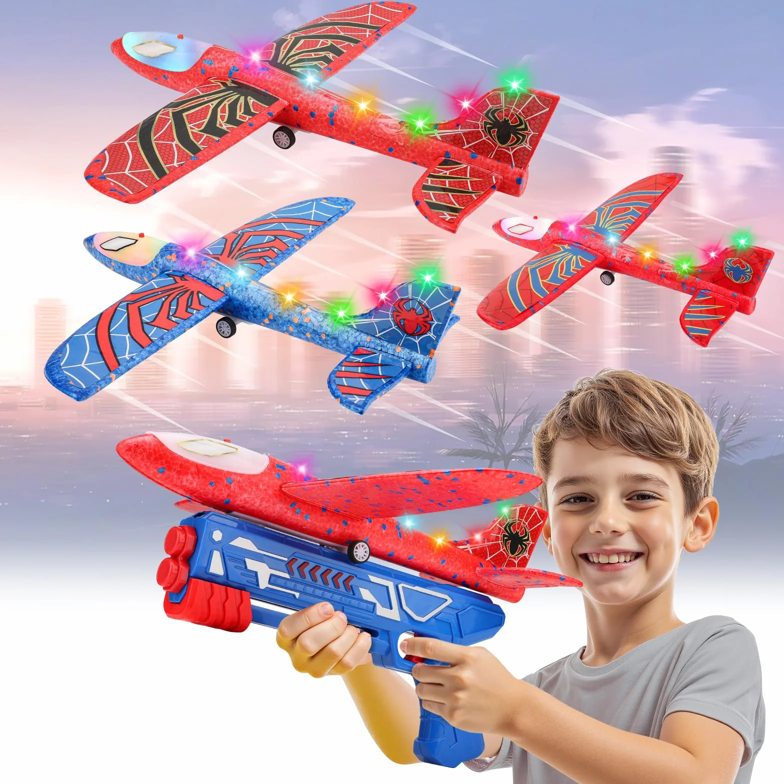 Avion Juguete con Spider Pegatinas, Aviones Poliespan con Pistola Avión Planeadores Espuma Corcho Regalo Navidad Cumpleaños Niños Niñas 3 4 5 6 7 8 9 10 Años Brinquedos Criança Juego Aire Libre