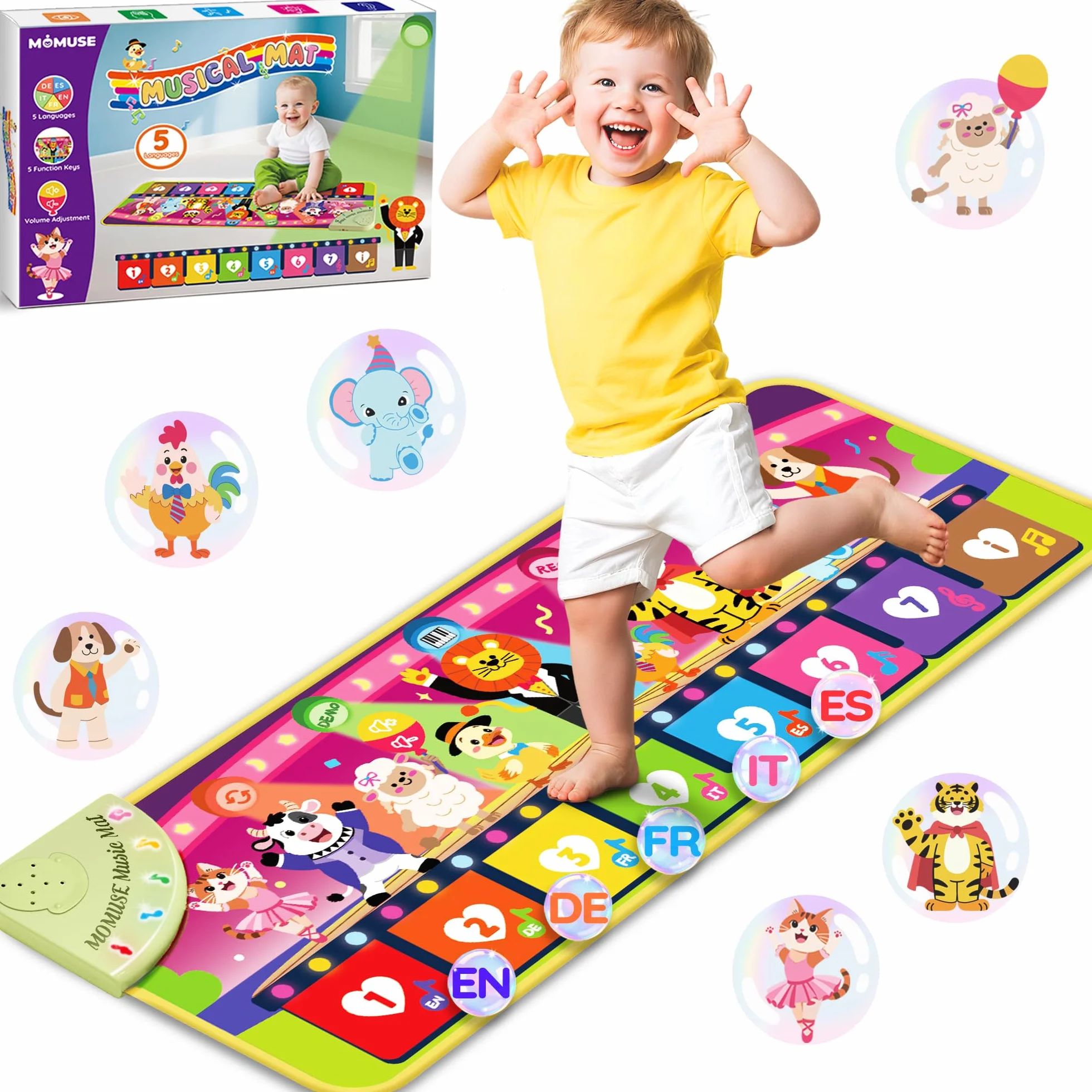 MOMUSE Alfombra Musical 5 Idiomas (ES/DE/FR/IT/EN), Juguetes Niños 1 Año, Piano Infantil Multilingüe con 9 Animales, Portátil, Ligero, Regalo Na-vidad/Cumpleaños para Bebe Niñas Niños 1 2 3 4 Años