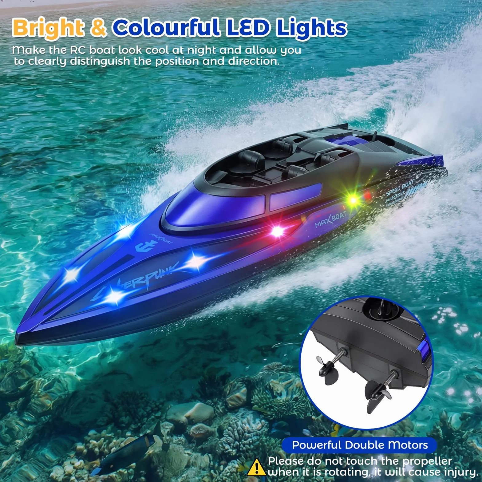 Coikes Barco Teledirigido Barcos RC con luz LED Barco de Control Remoto 2,4 GHz Barco De Carreras Rápido para Niños y Adultos Juguete de Piscina Barco Eléctrico para Mares, Piscinas y Lagos