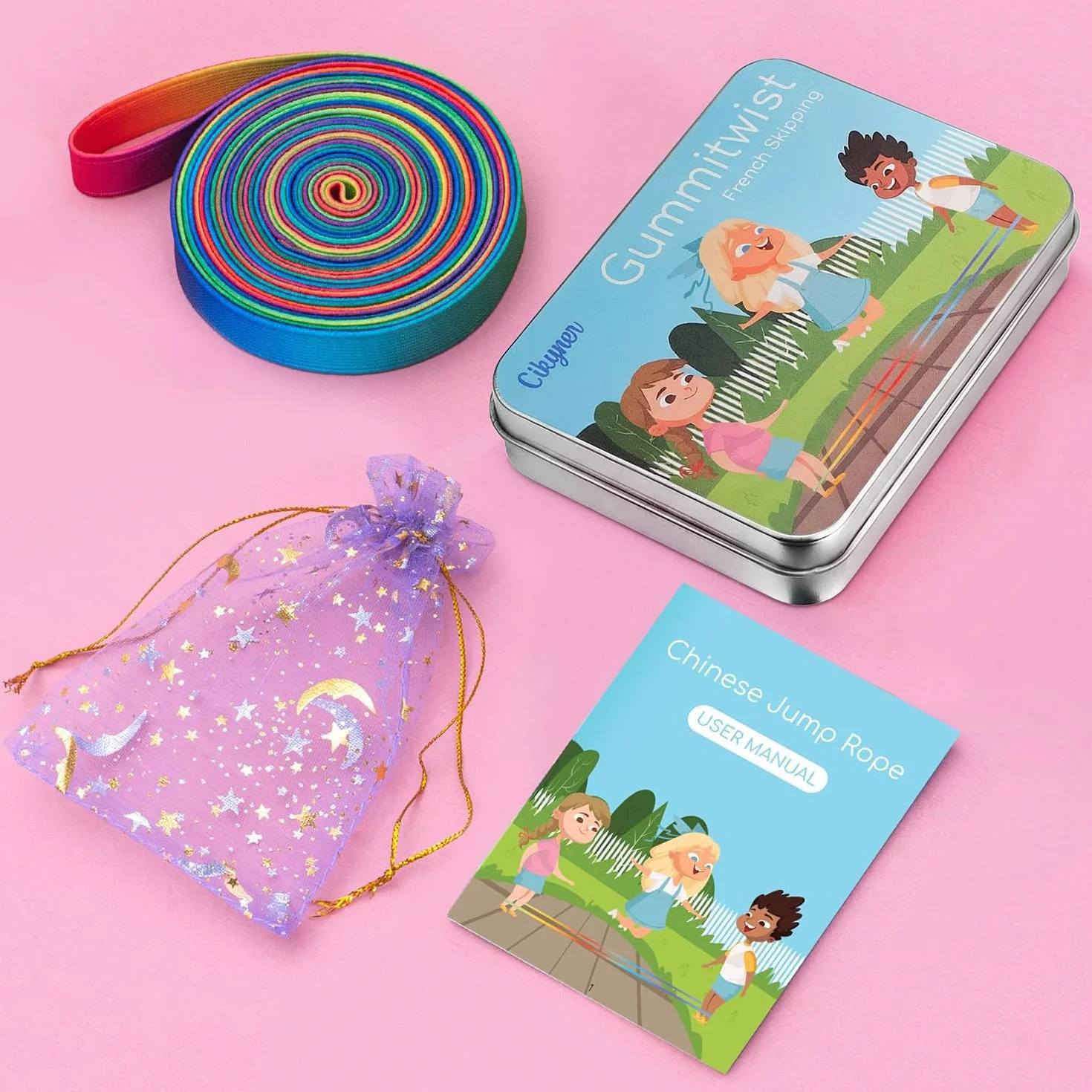 Cikyner Cuerda para Saltar China, 4m de Largo 1.5cm de Ancho Goma Elastica con Instrucciones Goma de Saltar para niños, Juegos para Interiores y Exteriores Ideal para Regalos para Niñas y Niños