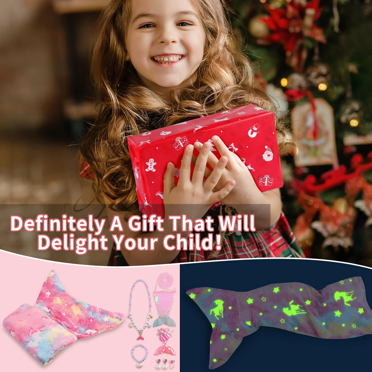 Cyiecw Saco Dormir Niña Manta Infantil Sirena 100x50CM, Aleta de Sirena Niños Manta Resplandor en la Oscuridad, Manta de Franela Sirena con Bolso de Lentejuelas y Accesorios de Joyería de Sirena