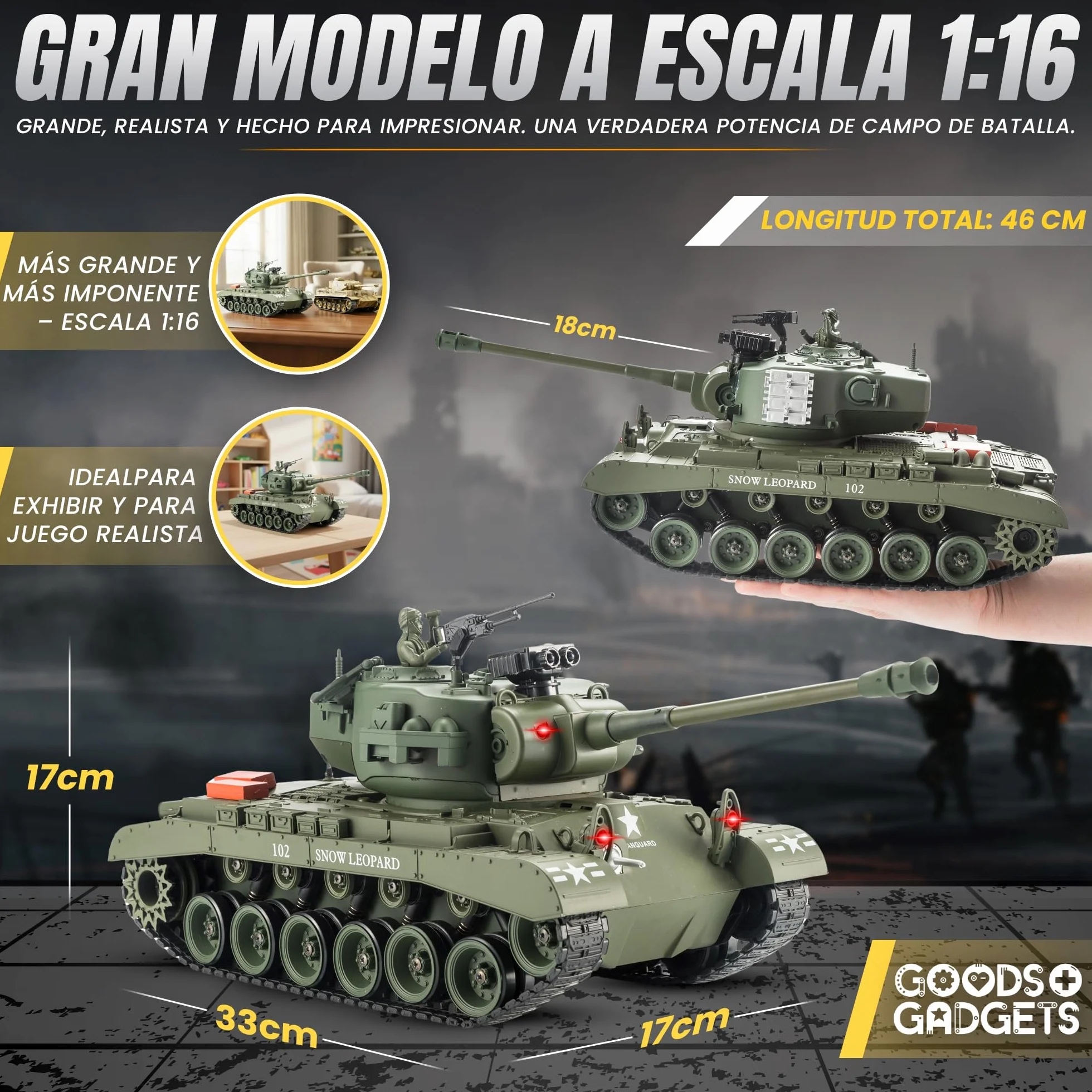 GOODS+GADGETS Tanque RC Alemán Tiger I 2.4GHz R/C Modelo a Escala 1:16 con función de Disparo, Sonido - RTR (Pershing Snow Leopard)