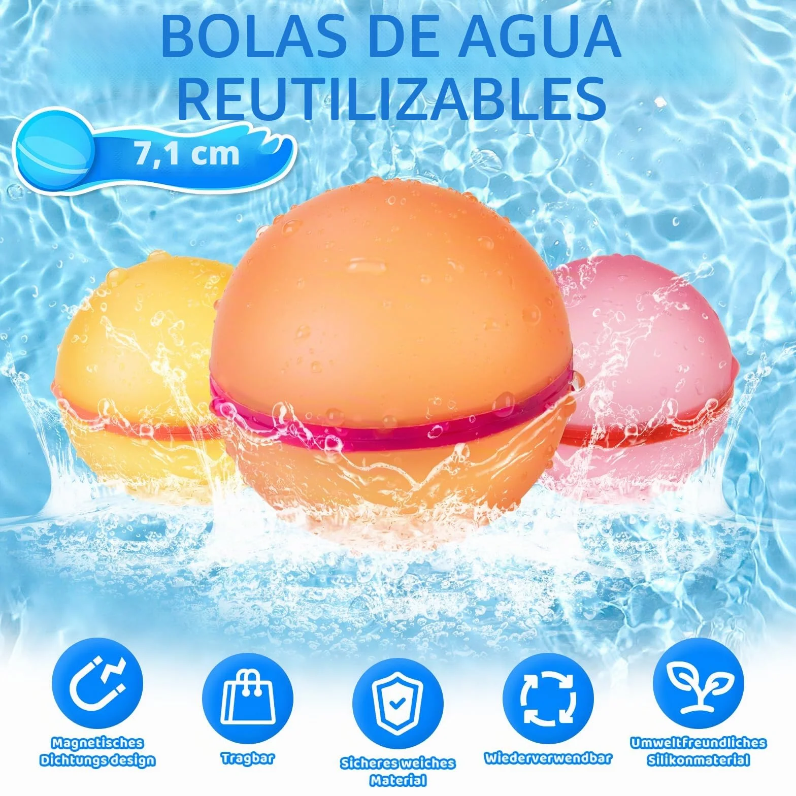 6 Piezas Globos de Agua Reutilizables, Globos Agua in Silicona Llenado Rapido, con Bolsa de Malla, Juego de Bombas de Agua, Adecuado Para Niños y Adultos, Playa, Fiesta en la Piscina