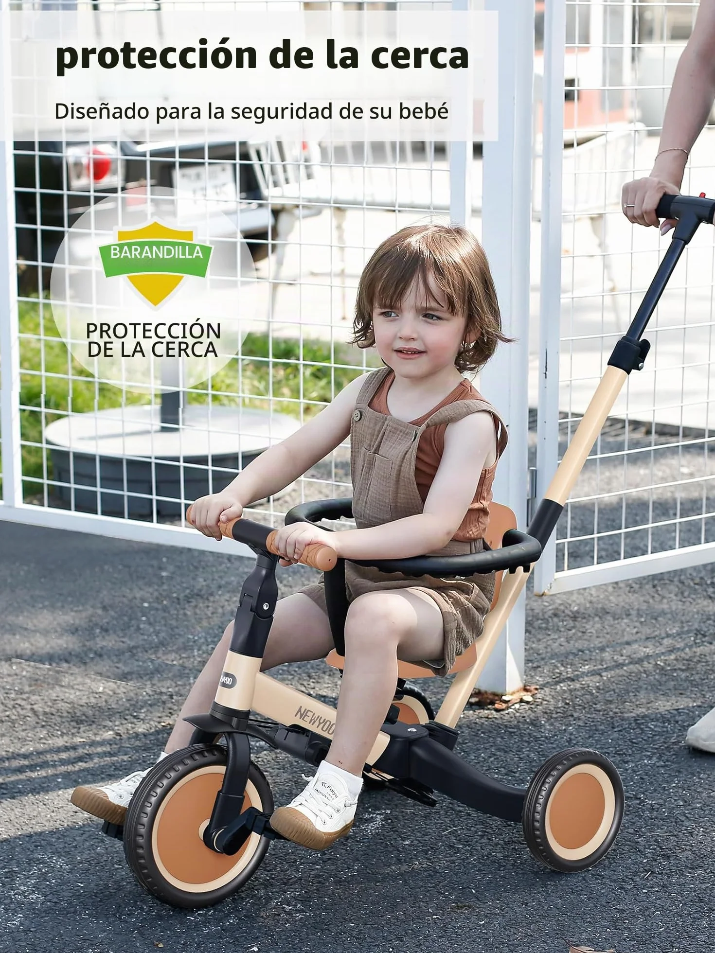 newyoo TR008 Triciclo Evolutivo 5 en 1 para Niños 1-3 Años con Barra de Seguridad y Varilla de Empuje, Regalo de Cumpleaños para Niños y Niñas, Bicicleta de Equilibrio y Juguete Montable, Caqui