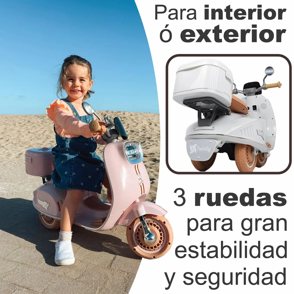 Twinly - Moto Eléctrica para niños SCOOTLY - Motocicleta Infantil con Mando a Distancia- Cargador y batería 6V hasta 40min – Acelerador de Pedal - Maletero, USB, luz y MP3 Bluetooth (Rosa)