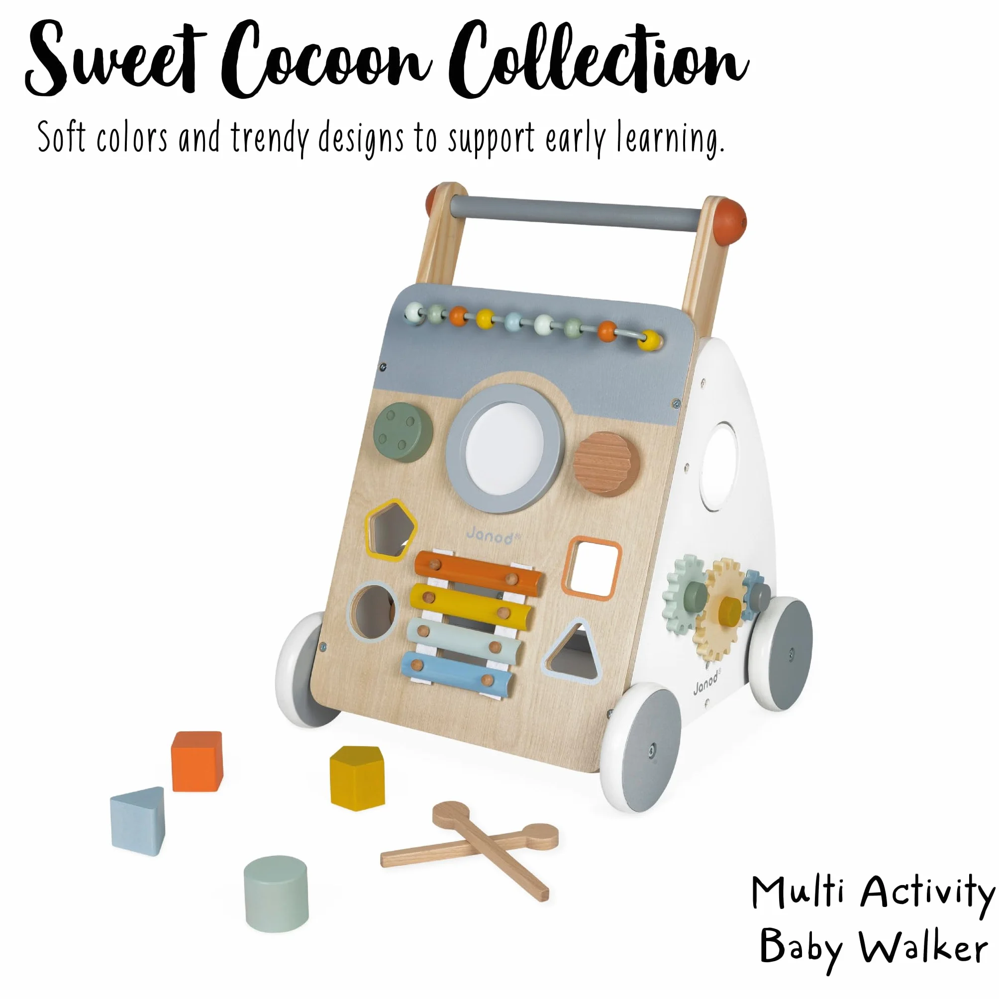 Janod - Carro Multiactividad Sweet Cocoon - Carro de Madera para aprender a caminar - 9 Actividades - Ruedas Silenciosas, Pintura al Agua - Juguete Infantil Adaptable desde los 12 meses, J04410
