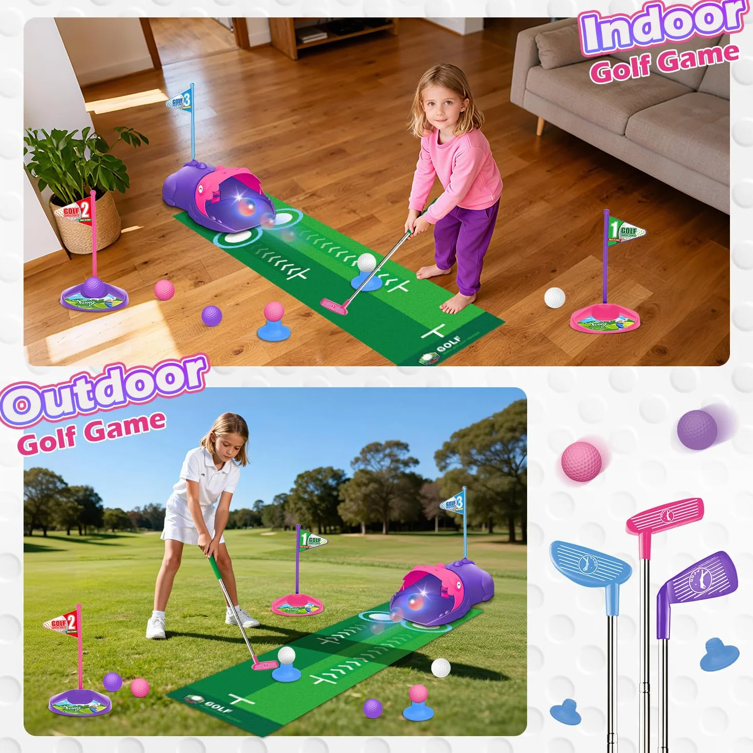 Set de Golf para Niños Devolvedor Automático de Bolas Dinosaurio, Pelotas de Golf Luminosas con LED, 3 Palos, Juegos de Golf para Niñas de 3 a 8 Años, Juguetes Deportivos Interior Exterior (Rosa)