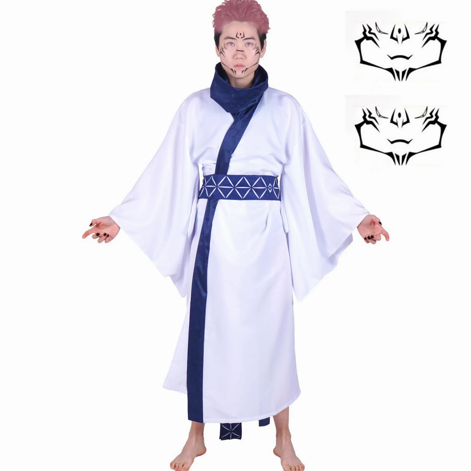 CoolChange Kimono de Ryomen Sukuna | Disfraz de cosplay para fans de Jujutsu Kaisen | con tatuaje facial | Tallas: S - XL