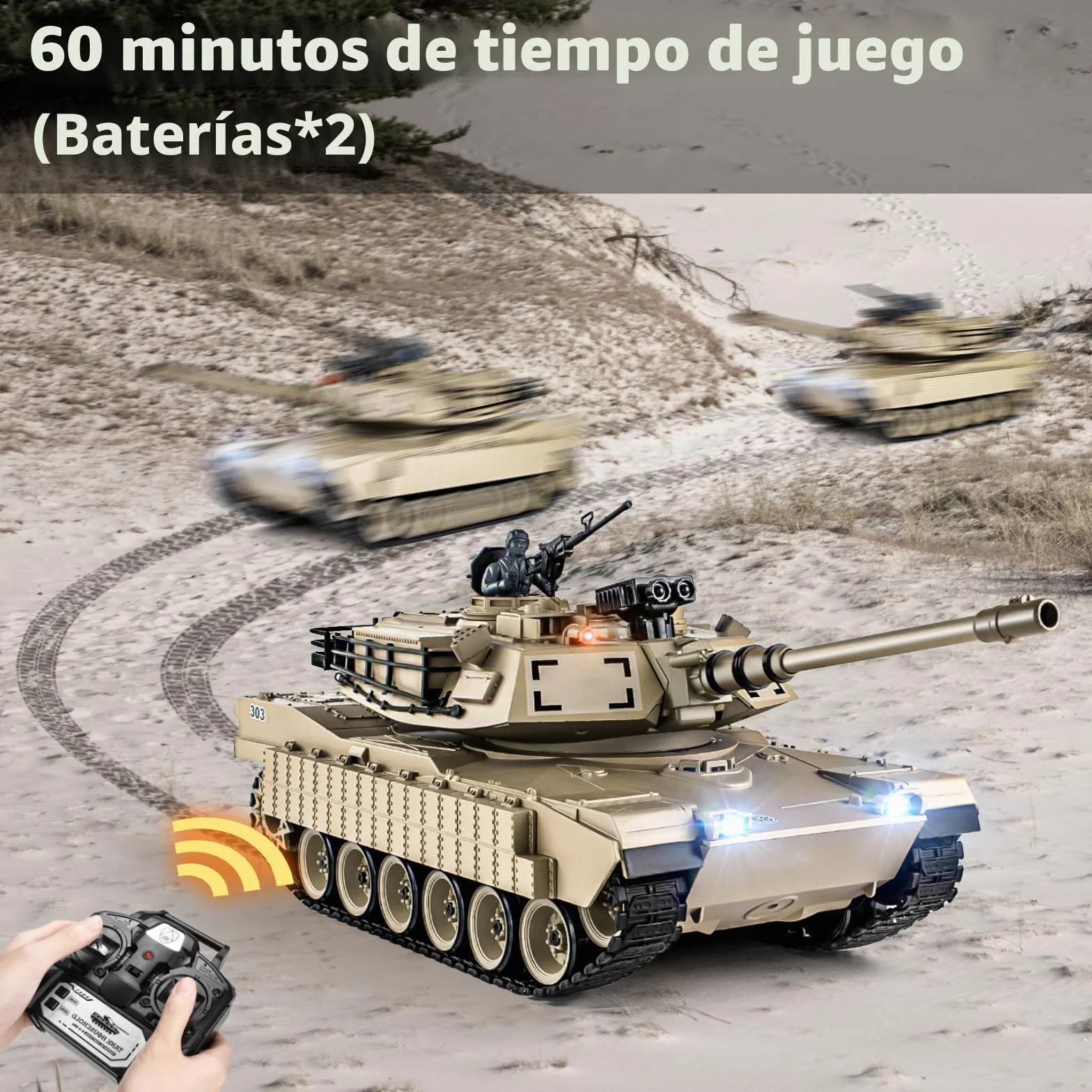 Supdex Tanque teledirigido 1:18, 2.4 GHz M1A2 Abrams, Modelo de Tanque telecontrolado, 15 Canales con Humo, luz y Sonido, vehculo Militar RC para Adultos y Nios