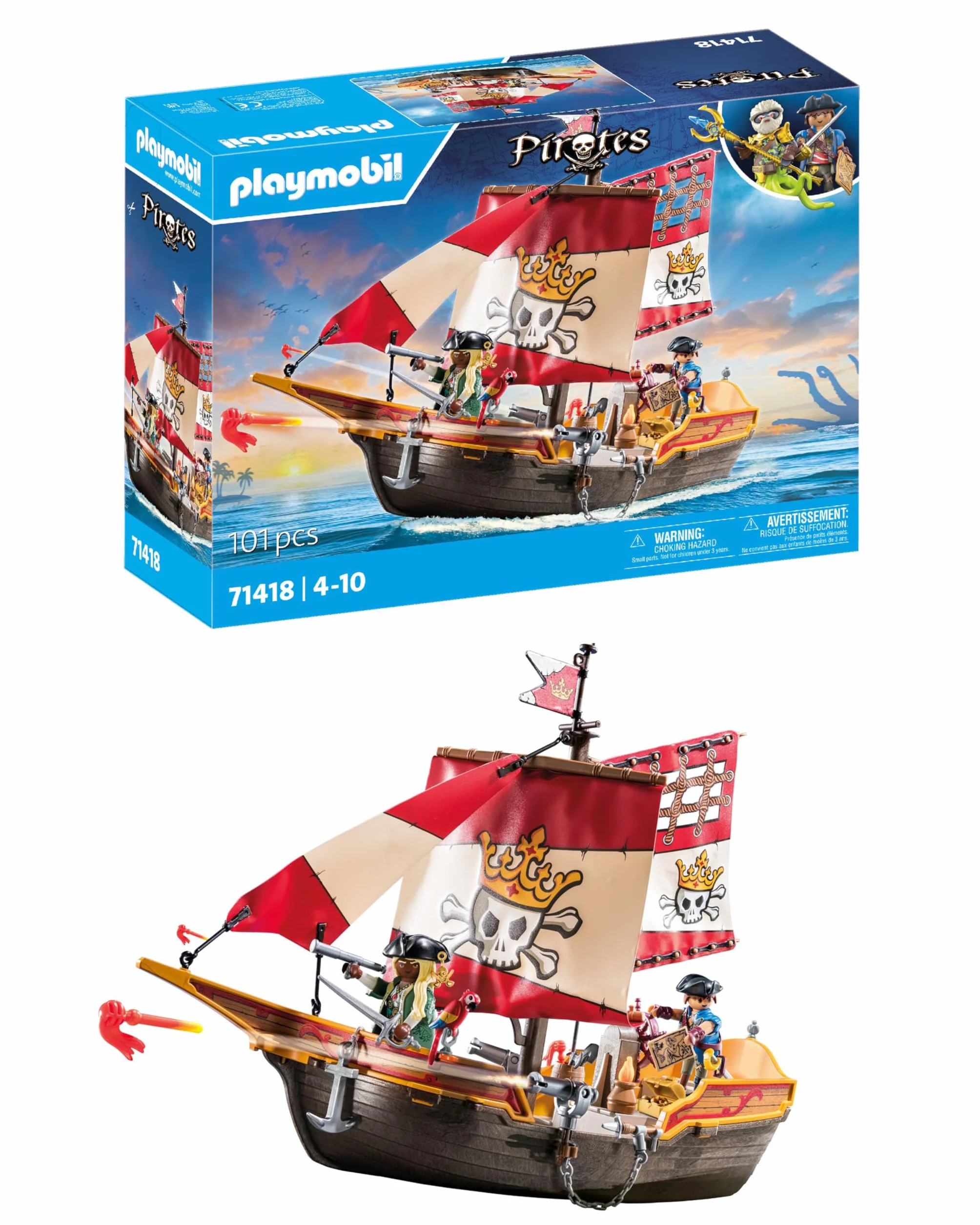 PLAYMOBIL Pirates 71418 Barco Pirata, Aventuras en Alta Mar, Juguetes para niños a Partir de 4 años